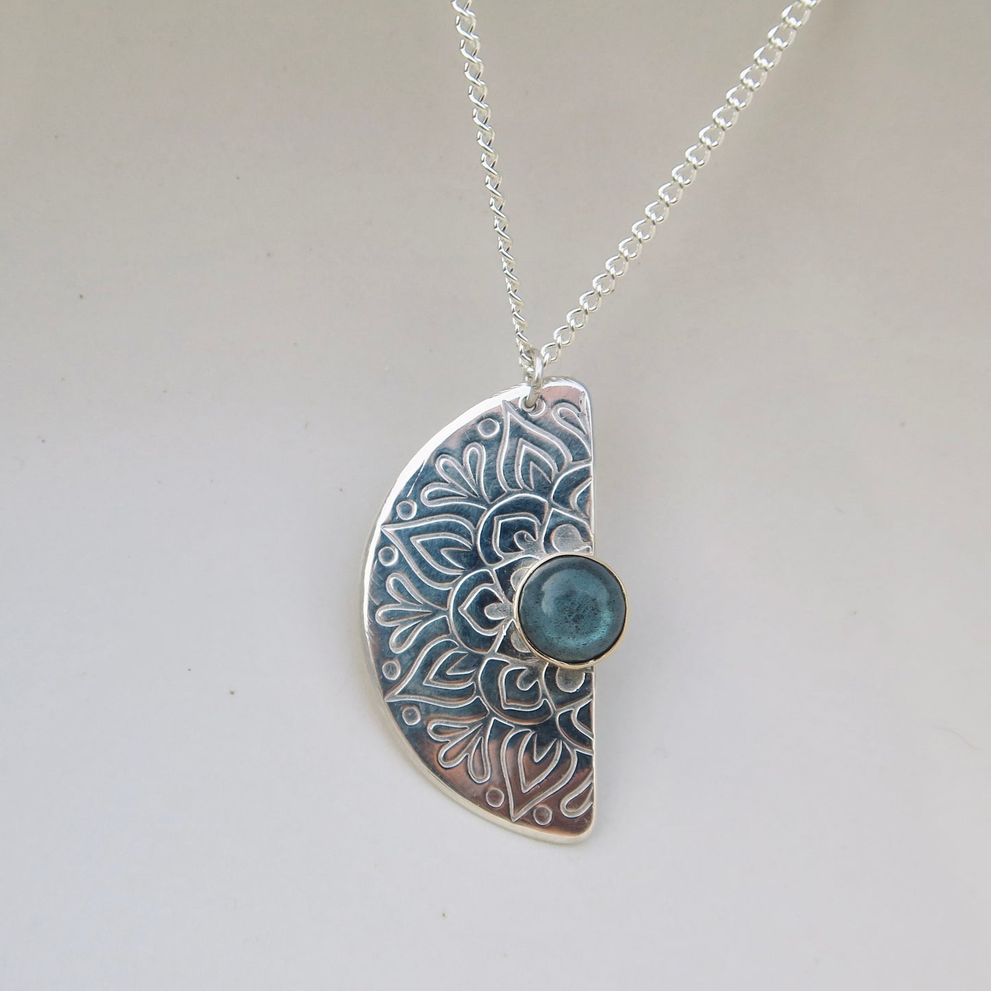 Bloom Fraction Mandala, 9kt Gold, Labradorite, Sterling Silver, Necklace Pendant