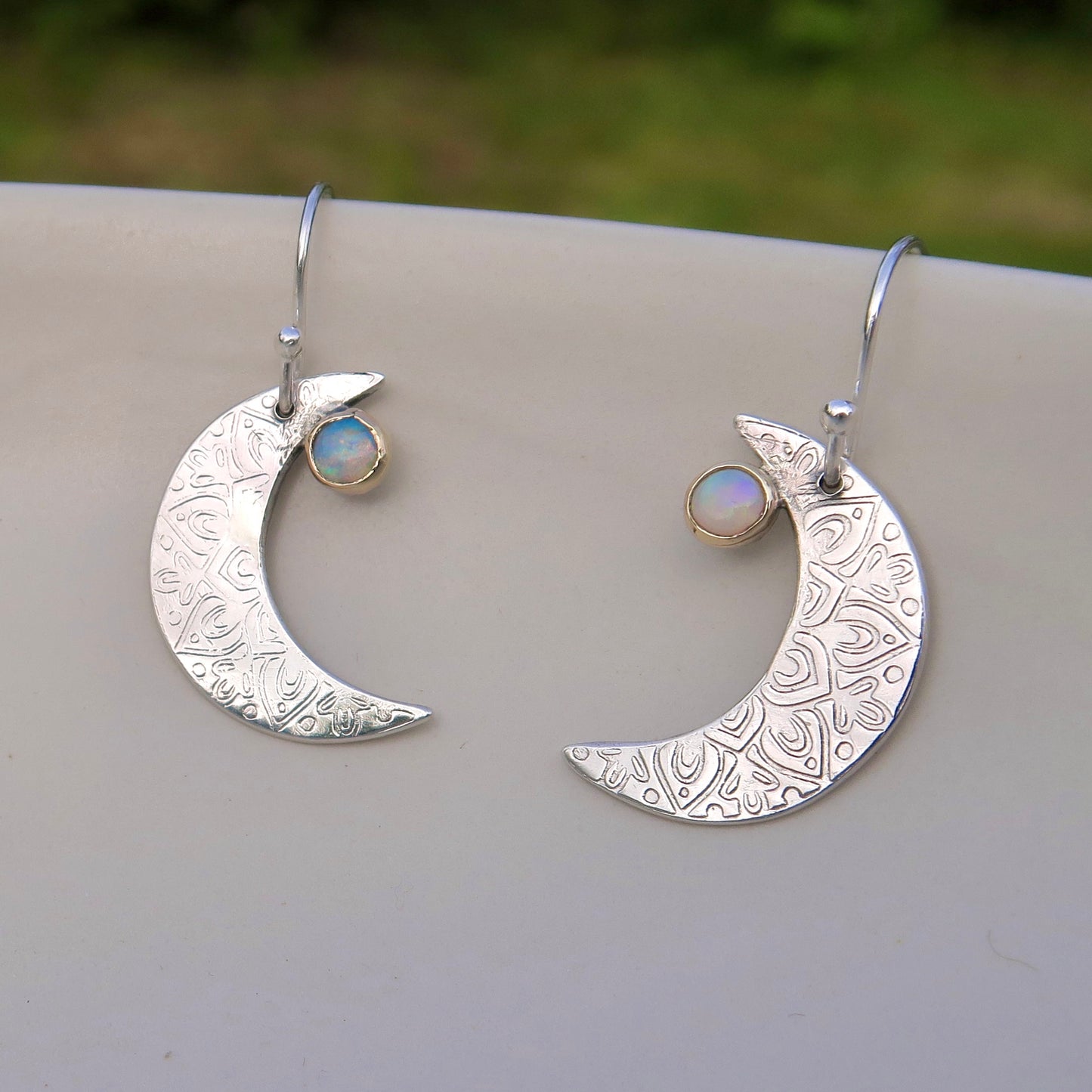 Crescent Moon Mandala, Opals, Sterling Silver, 9kt Gold, Earrings