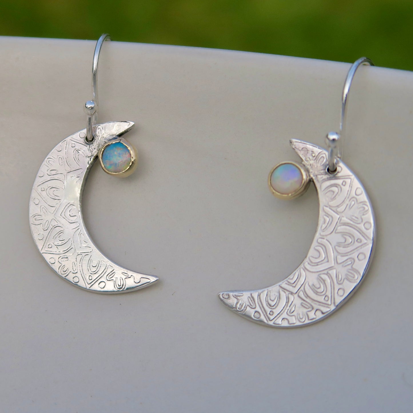 Crescent Moon Mandala, Opals, Sterling Silver, 9kt Gold, Earrings