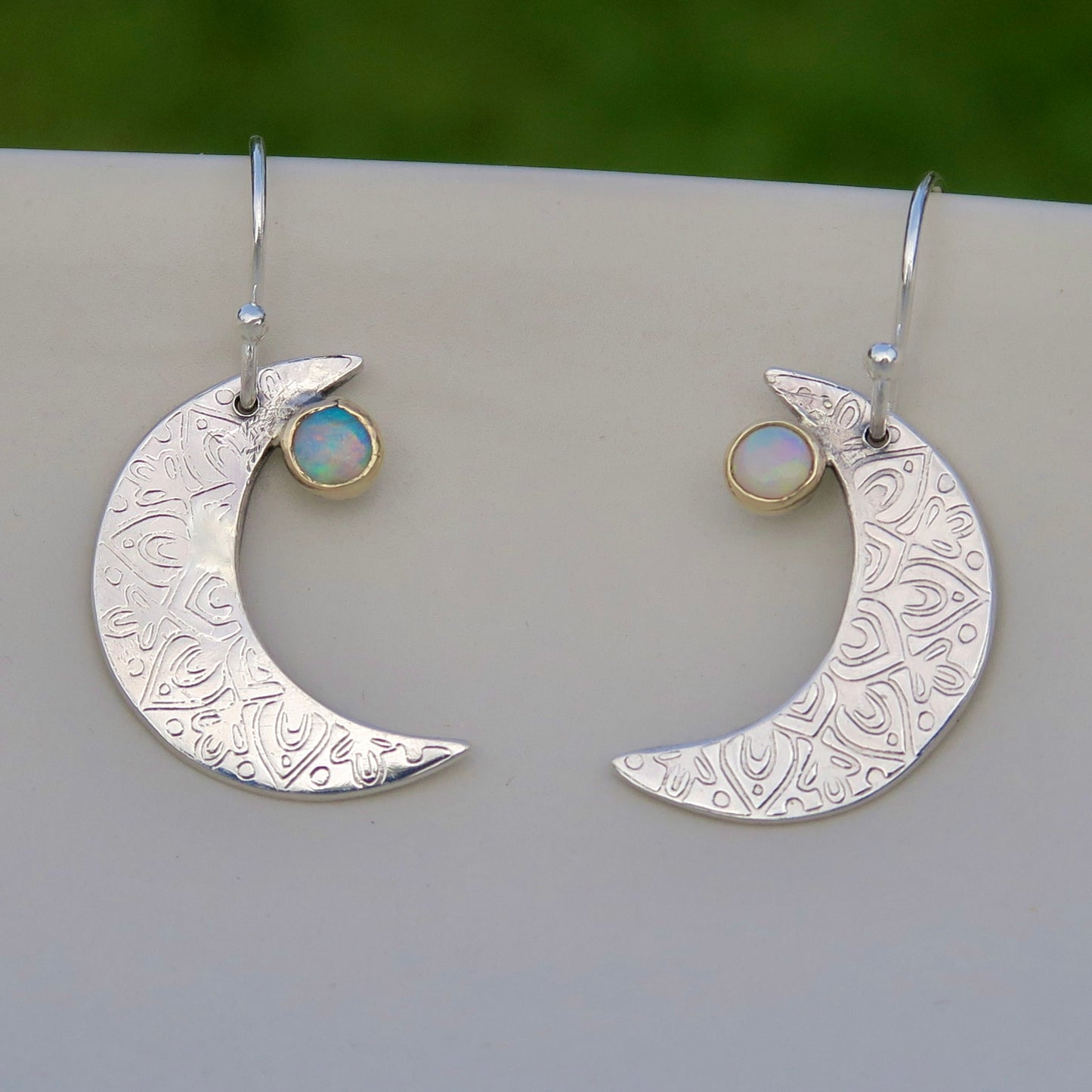 Crescent Moon Mandala, Opals, Sterling Silver, 9kt Gold, Earrings