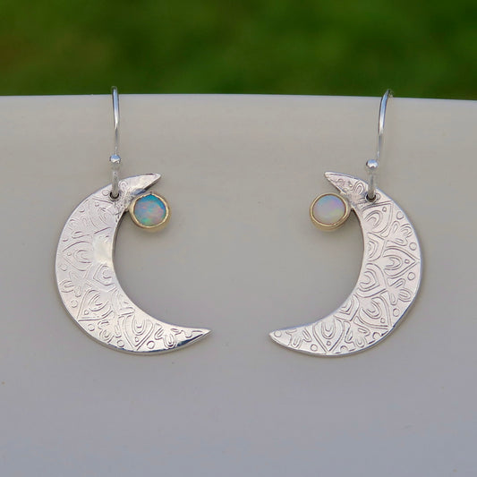 Crescent Moon Mandala, Opals, Sterling Silver, 9kt Gold, Earrings