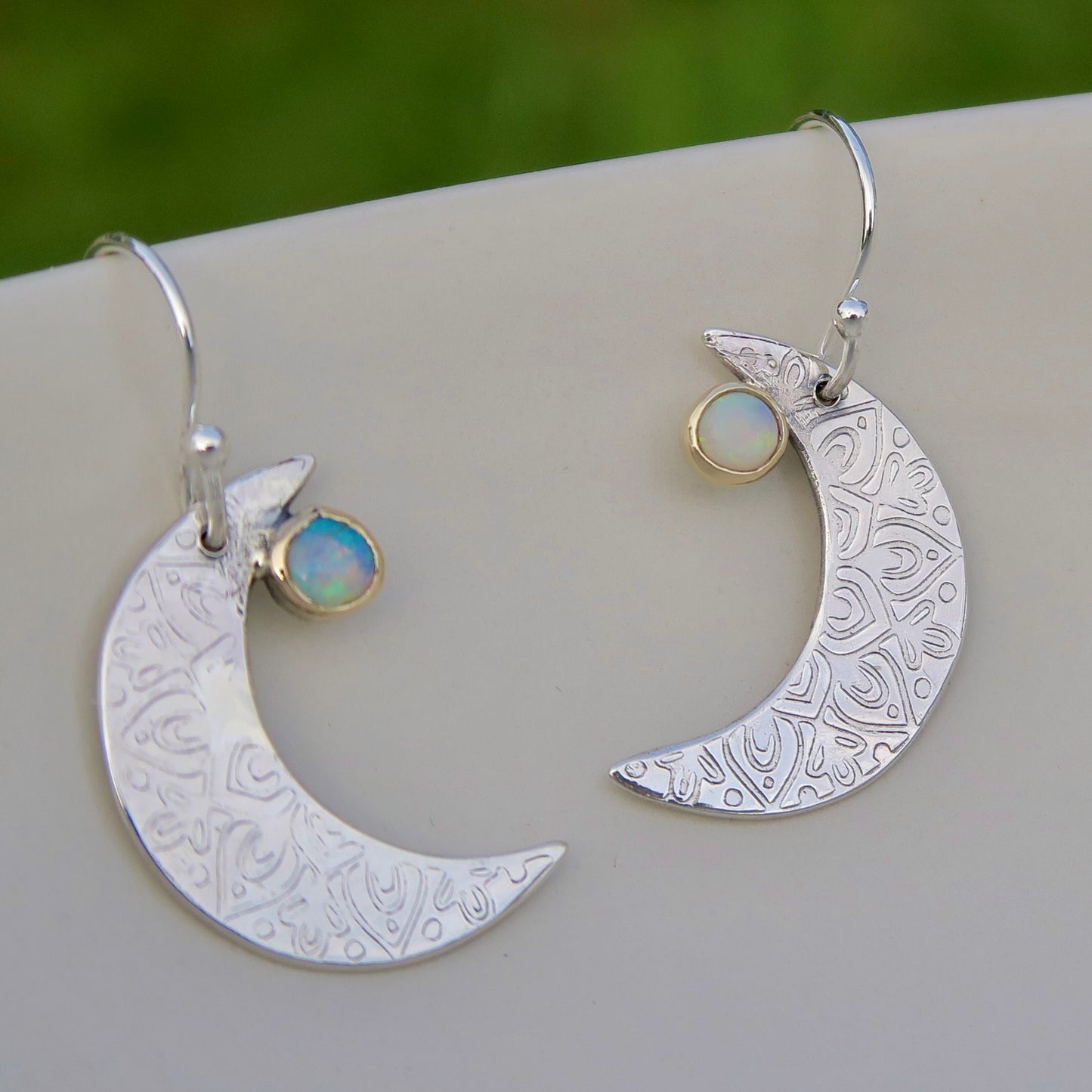 Crescent Moon Mandala, Opals, Sterling Silver, 9kt Gold, Earrings