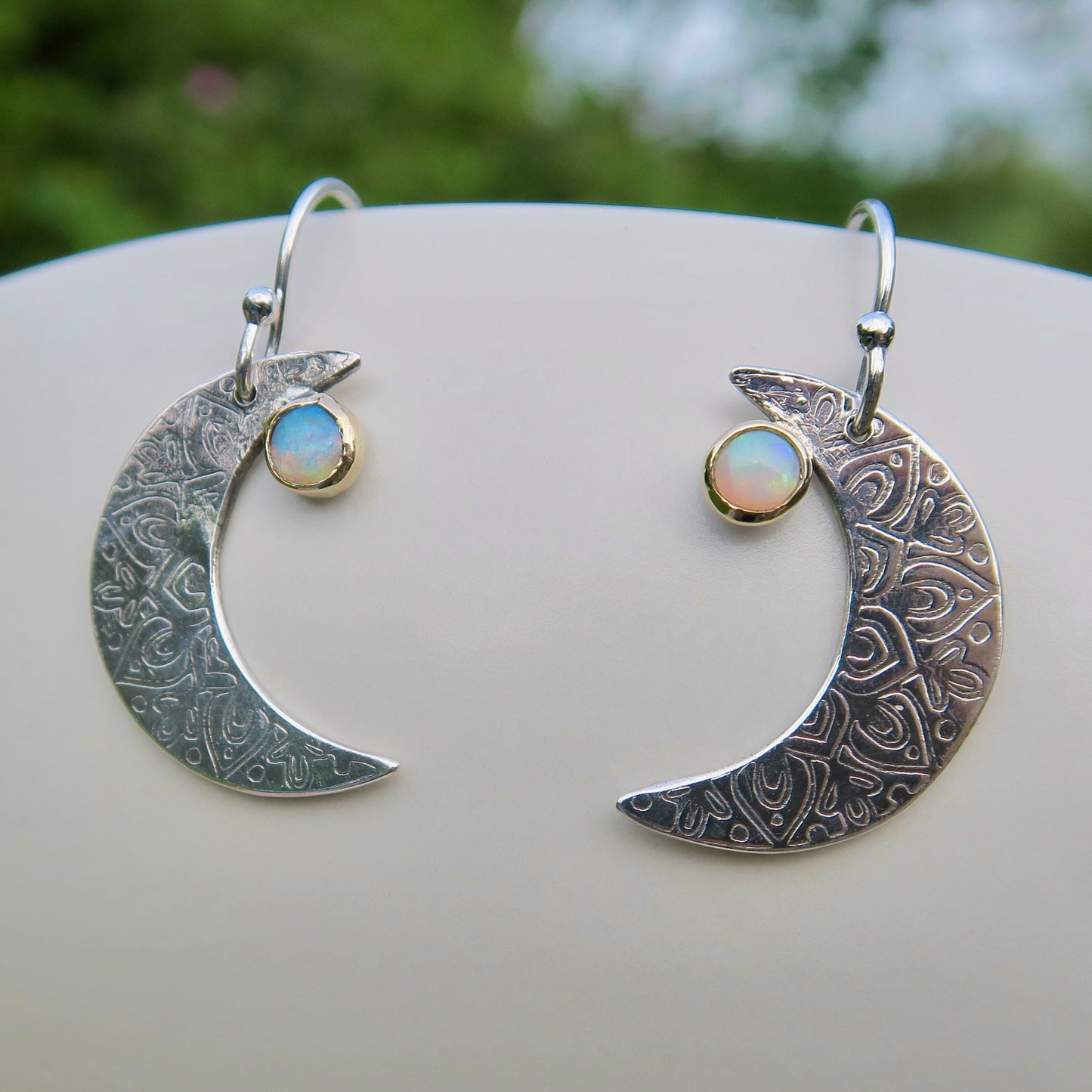 Crescent Moon Mandala, Opals, Sterling Silver, 9kt Gold, Earrings