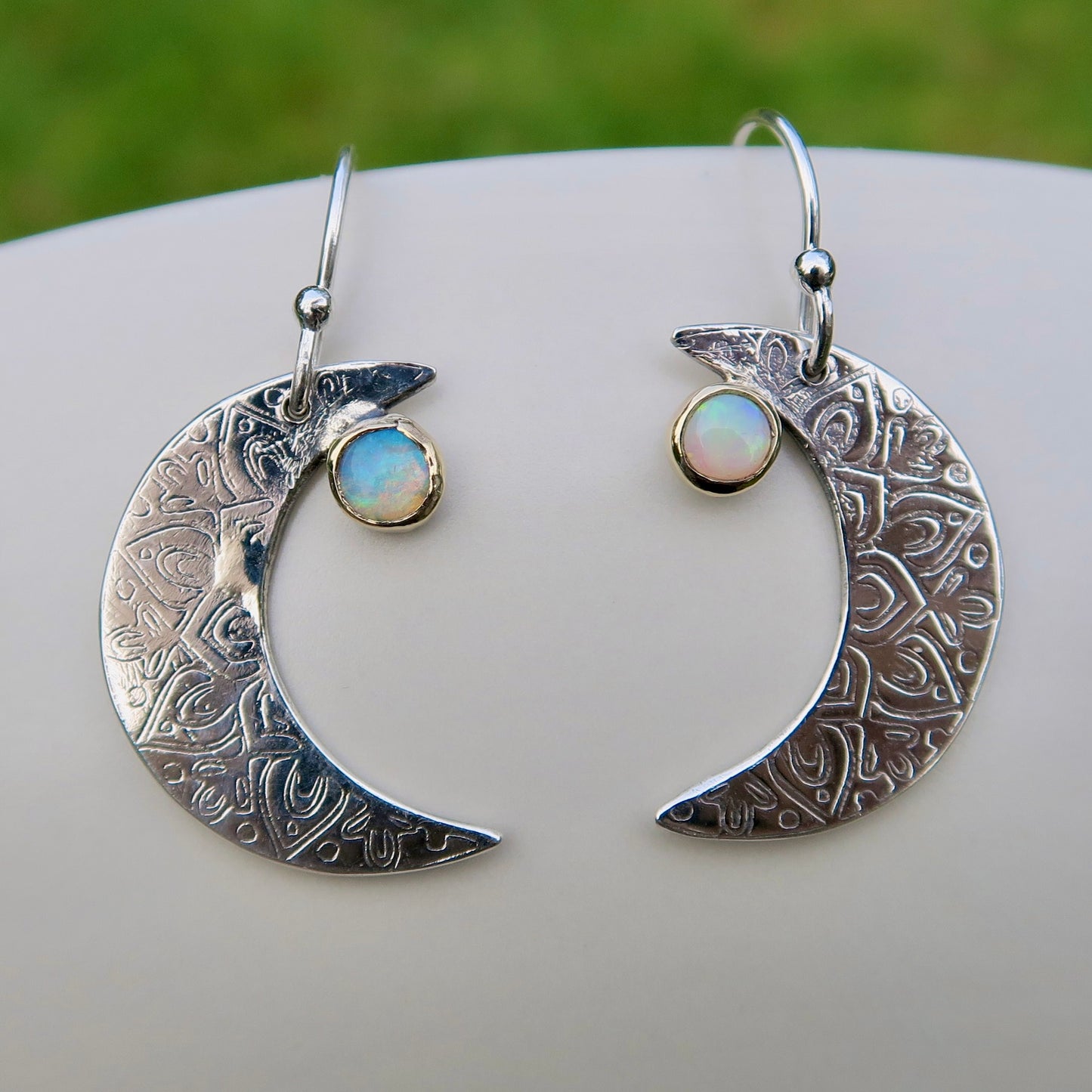 Crescent Moon Mandala, Opals, Sterling Silver, 9kt Gold, Earrings