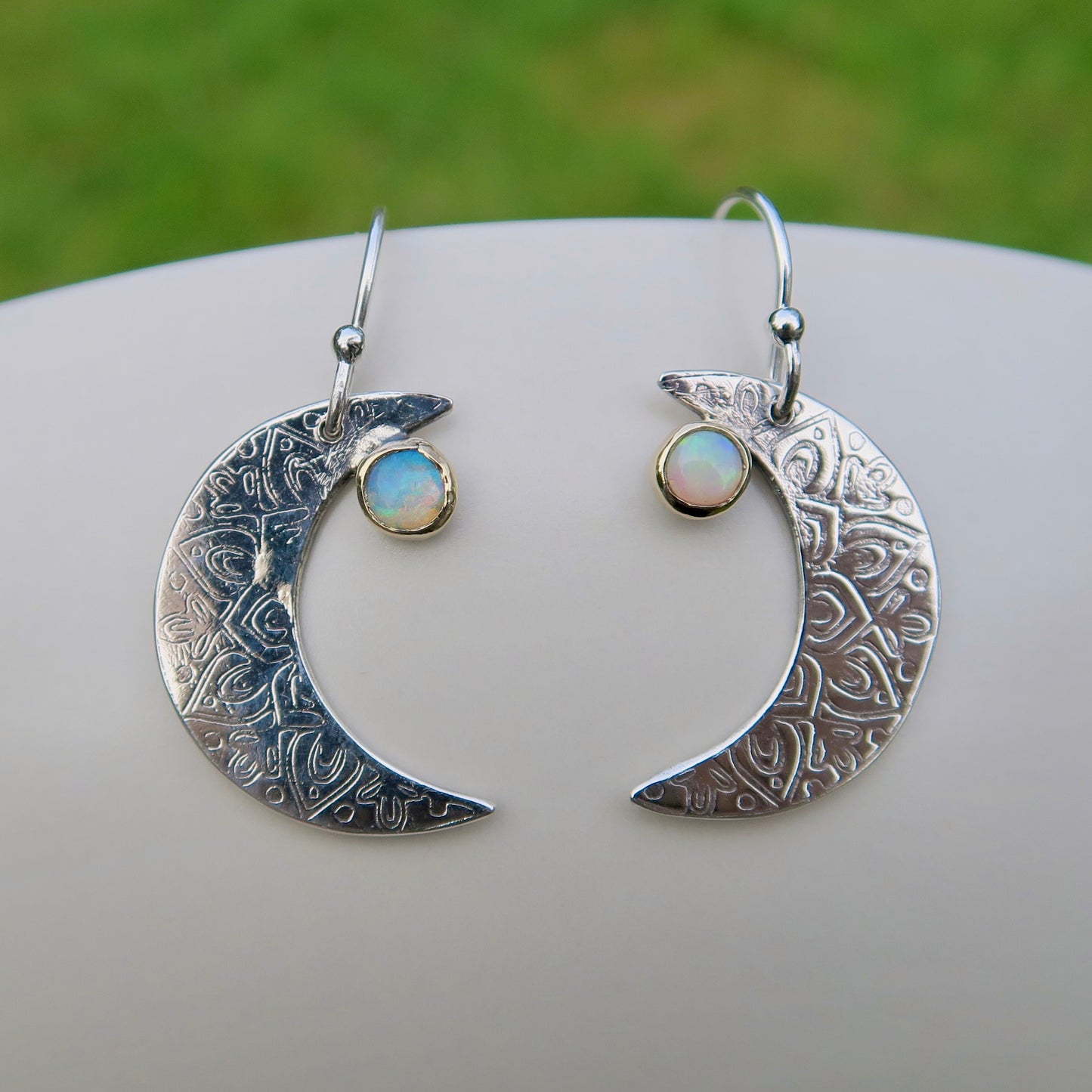 Crescent Moon Mandala, Opals, Sterling Silver, 9kt Gold, Earrings