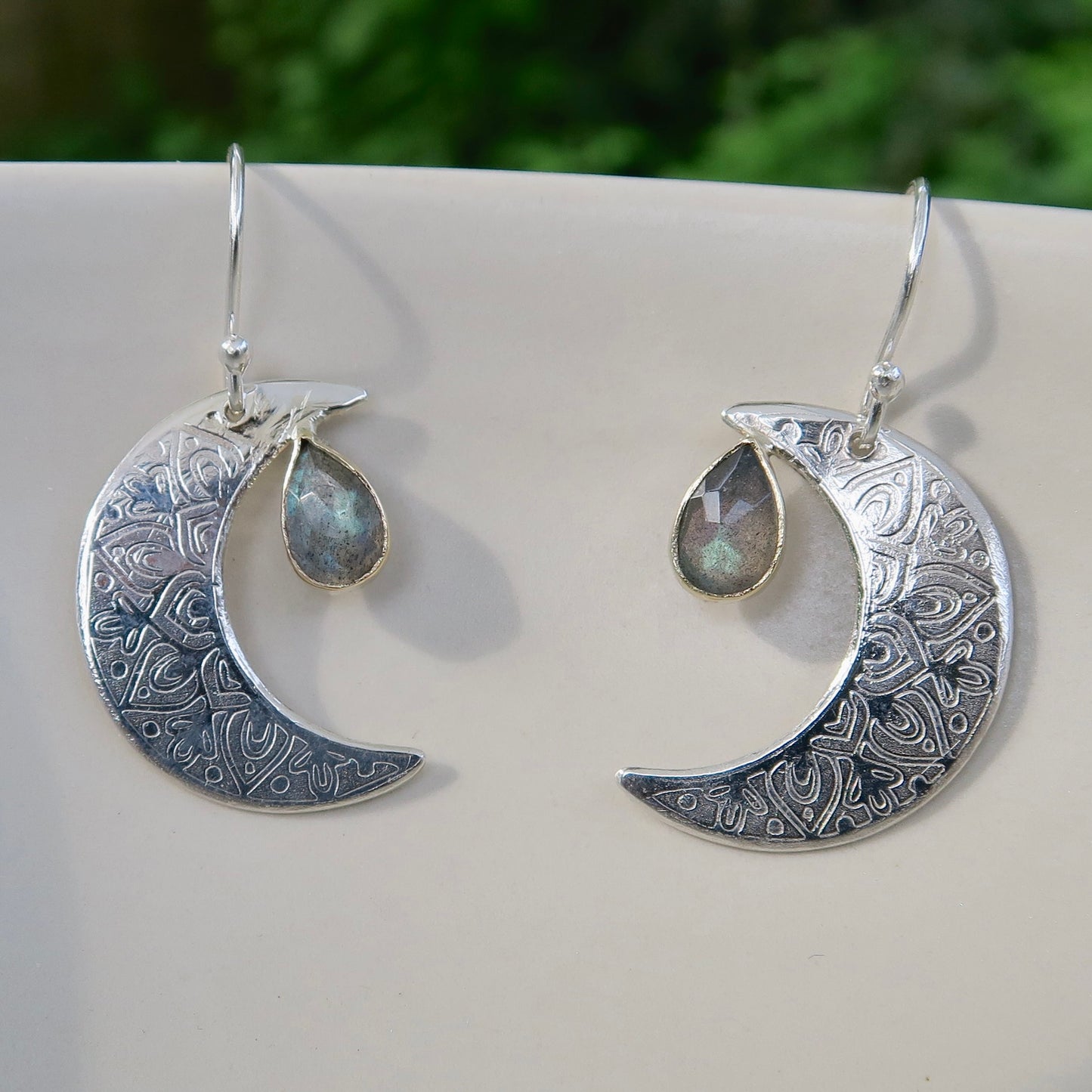 Crescent Moon Mandala, Labradorite, Sterling Silver, 9kt Gold, Earrings