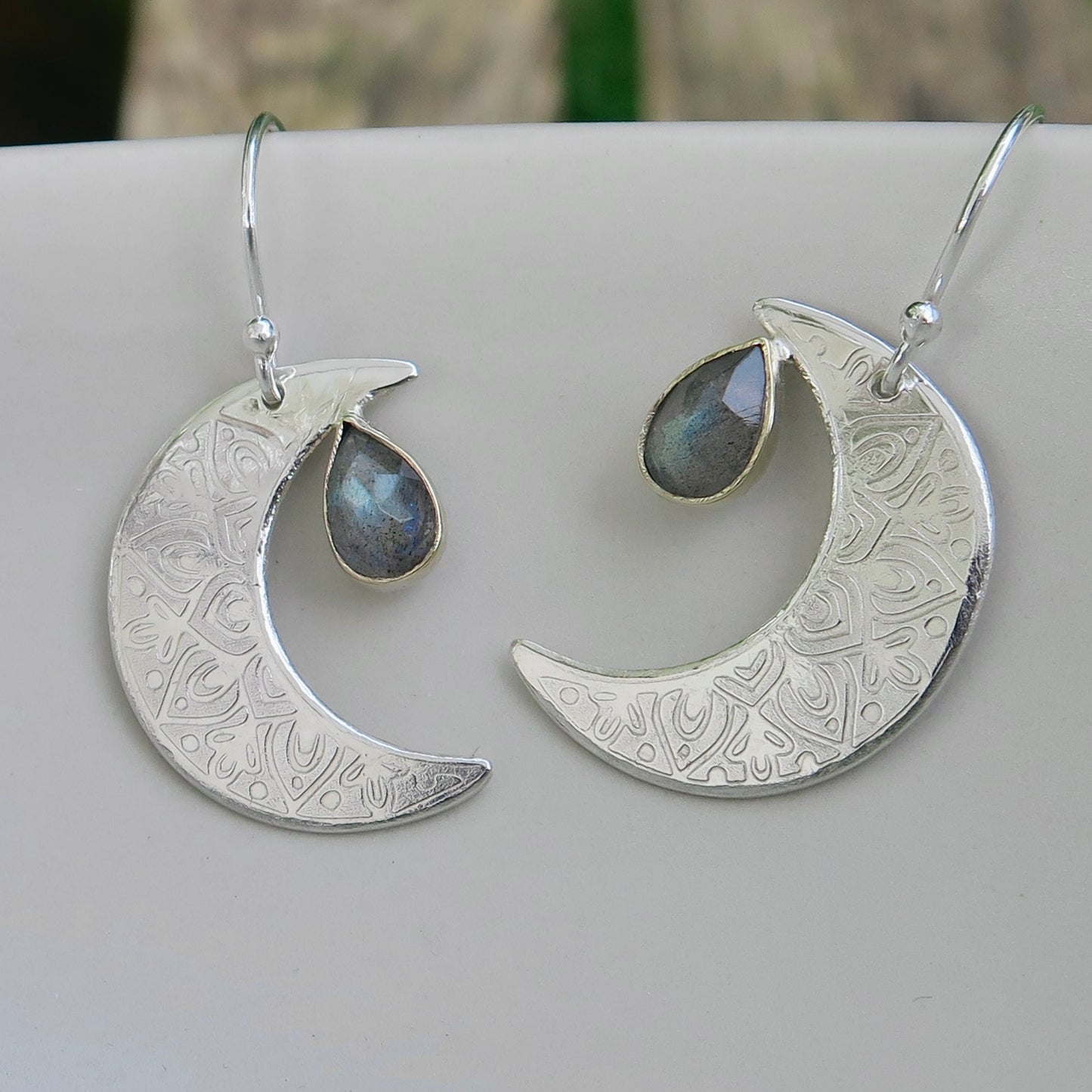 Crescent Moon Mandala, Labradorite, Sterling Silver, 9kt Gold, Earrings