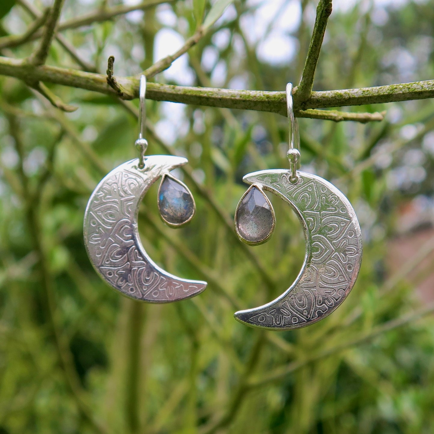 Crescent Moon Mandala, Labradorite, Sterling Silver, 9kt Gold, Earrings