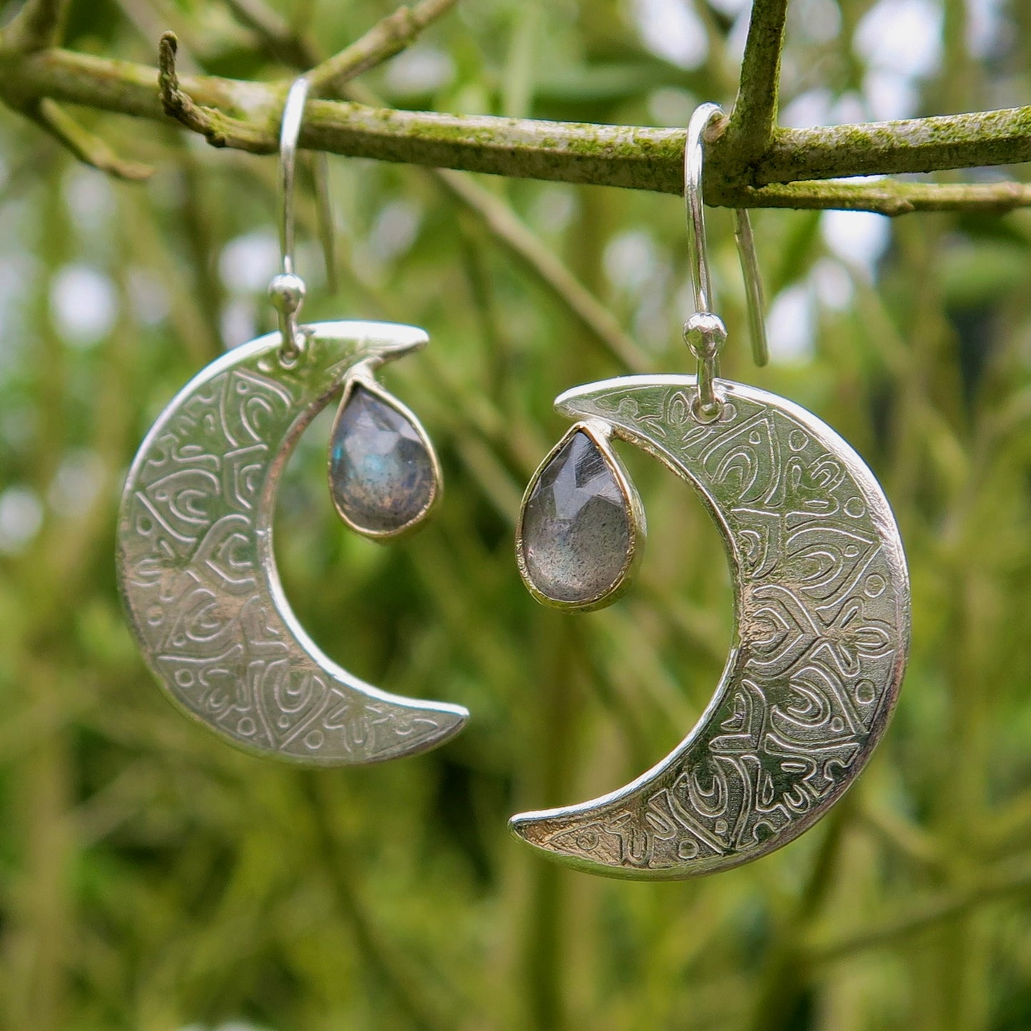 Crescent Moon Mandala, Labradorite, Sterling Silver, 9kt Gold, Earrings