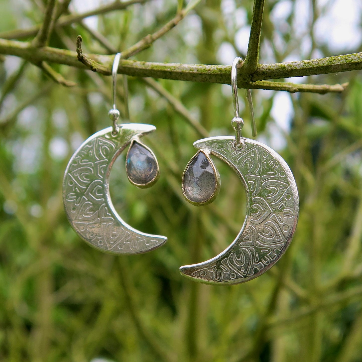 Crescent Moon Mandala, Labradorite, Sterling Silver, 9kt Gold, Earrings