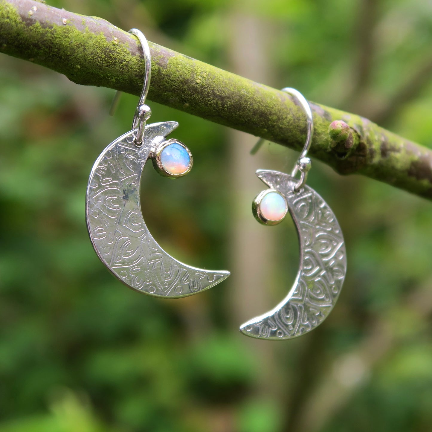 Crescent Moon Mandala, Opals, Sterling Silver, 9kt Gold, Earrings