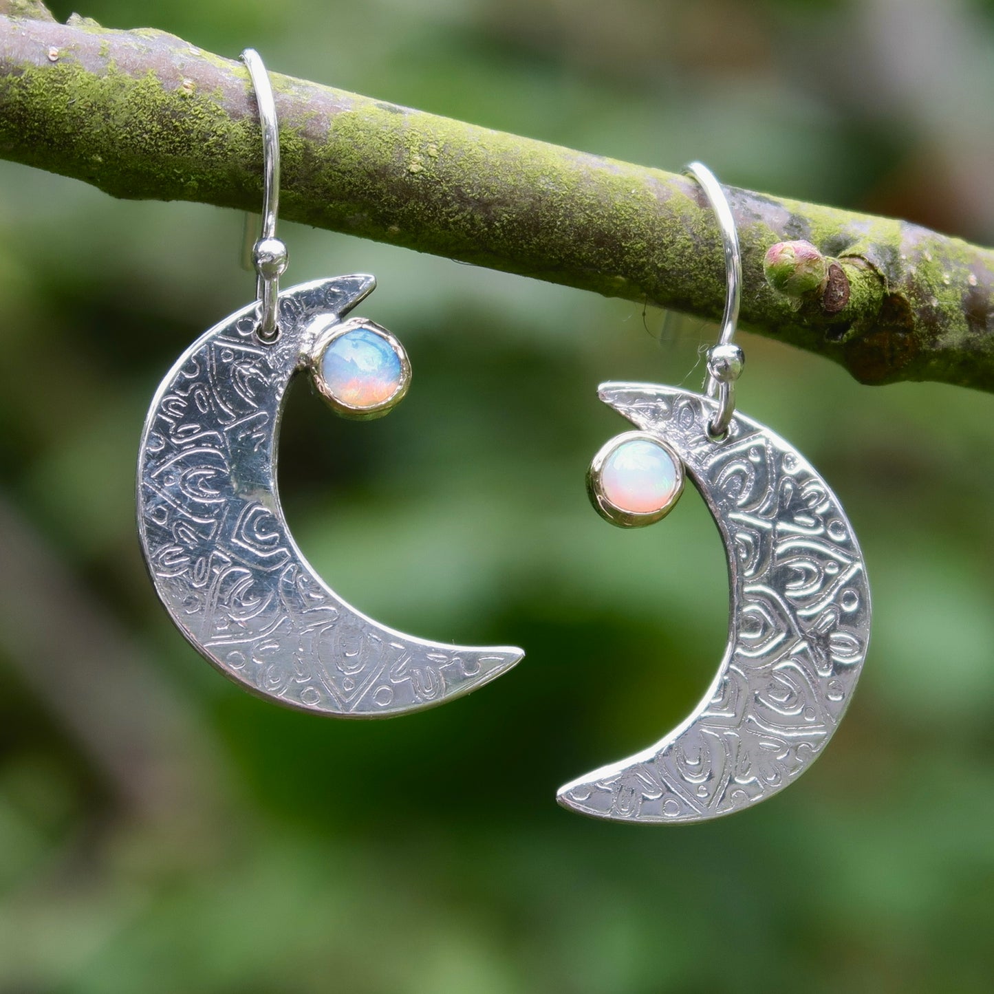 Crescent Moon Mandala, Opals, Sterling Silver, 9kt Gold, Earrings