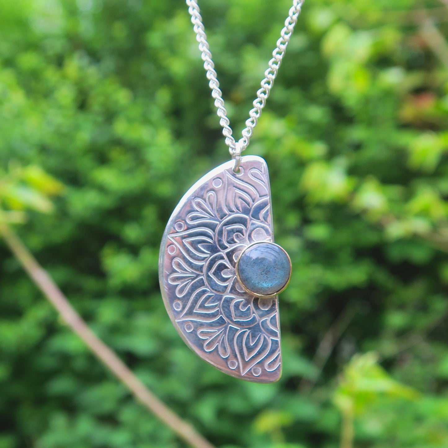 Bloom Fraction Mandala, 9kt Gold, Labradorite, Sterling Silver, Necklace Pendant