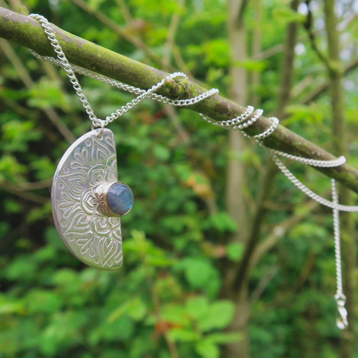 Bloom Fraction Mandala, 9kt Gold, Labradorite, Sterling Silver, Necklace Pendant