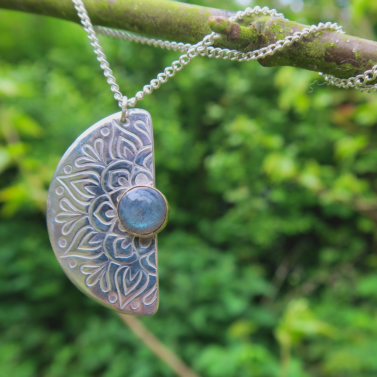 Bloom Fraction Mandala, 9kt Gold, Labradorite, Sterling Silver, Necklace Pendant