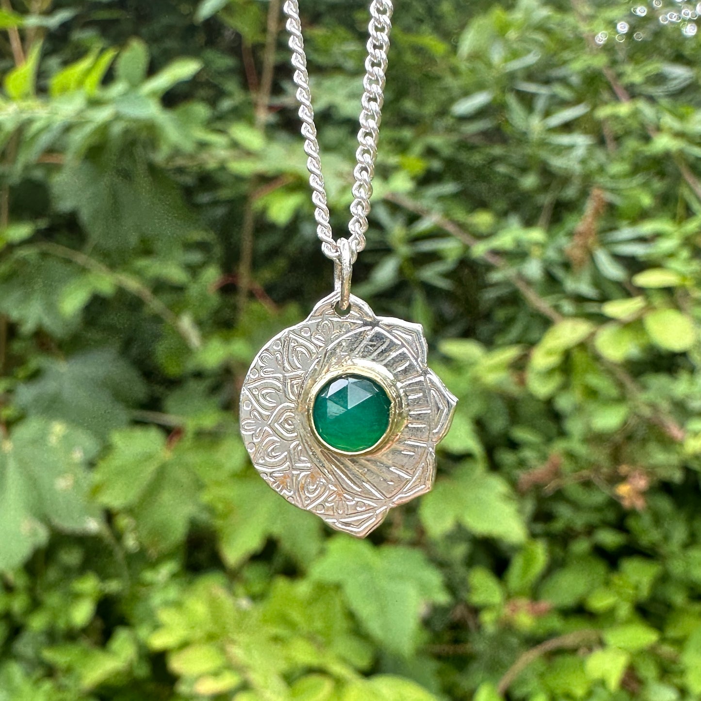 Celestial Fusion, Green Aventurine, Sterling Silver and Brass Pendant Necklace