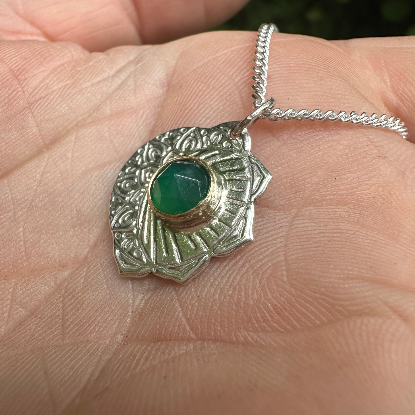 Celestial Fusion, Green Aventurine, Sterling Silver and Brass Pendant Necklace