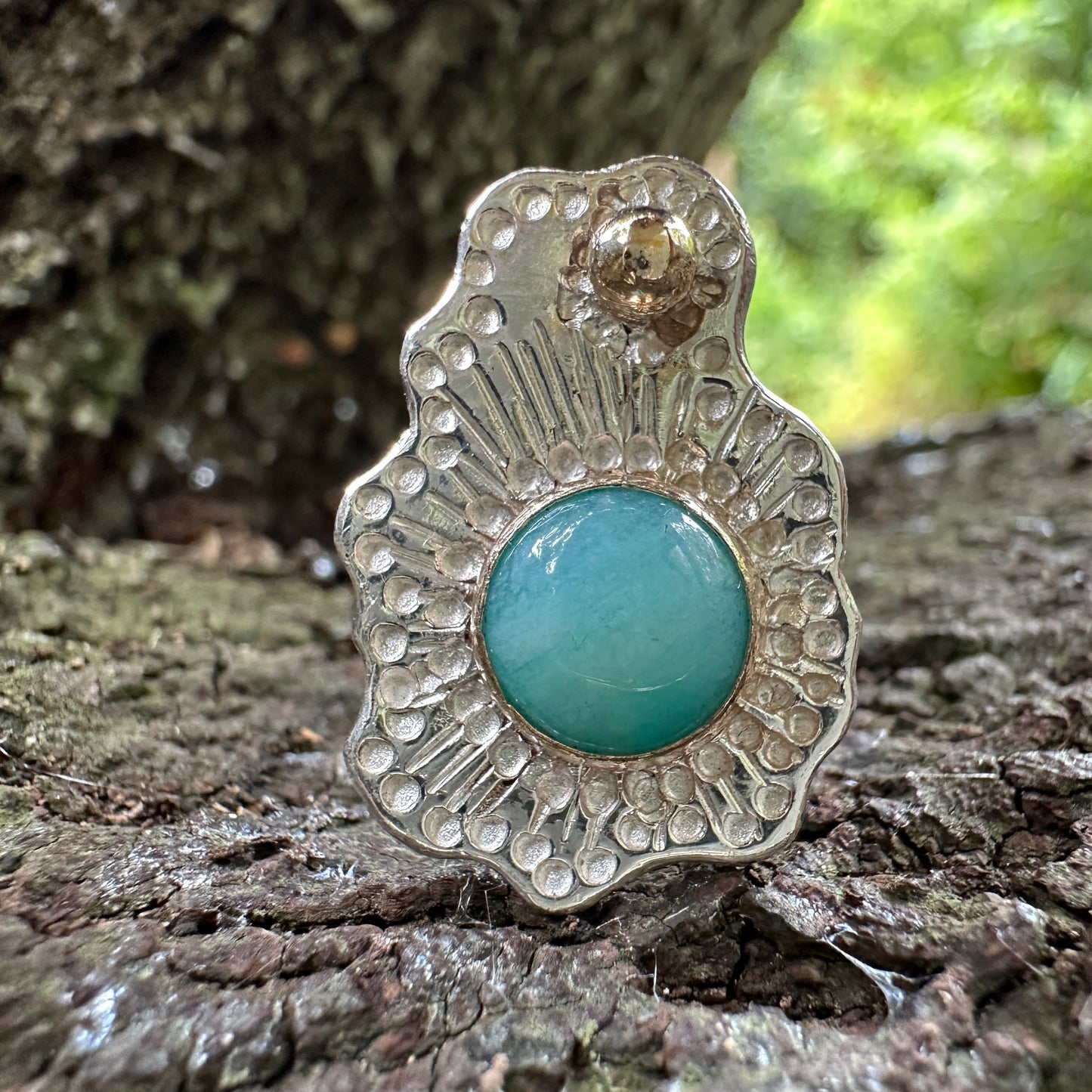 Untamed Peruvian Amazonite, Sterling Silver and 9kt Gold Intuitive Design Ring, Size M