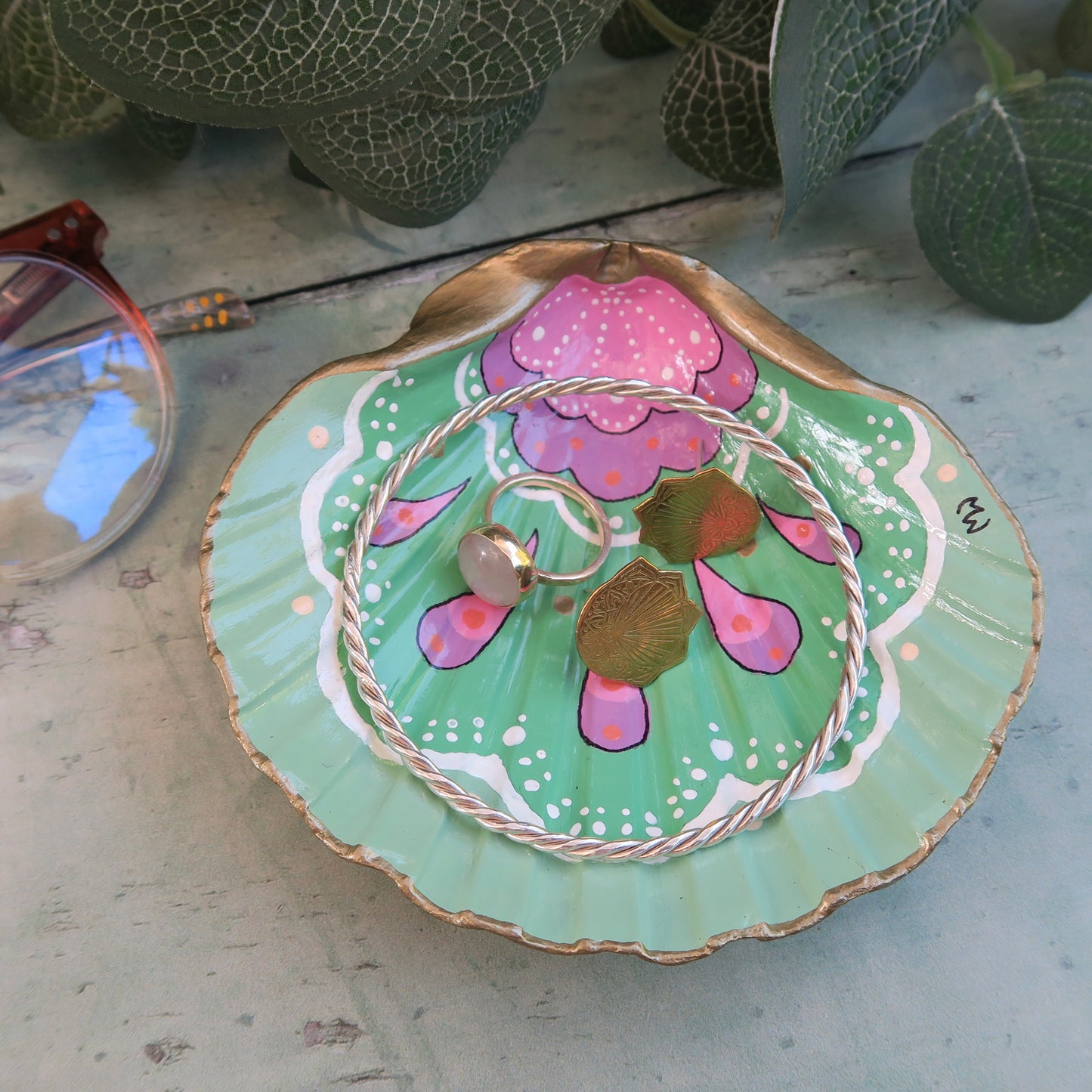 Medium Hand Painted Ocean Boho Shell Jewellery Trinket Dish