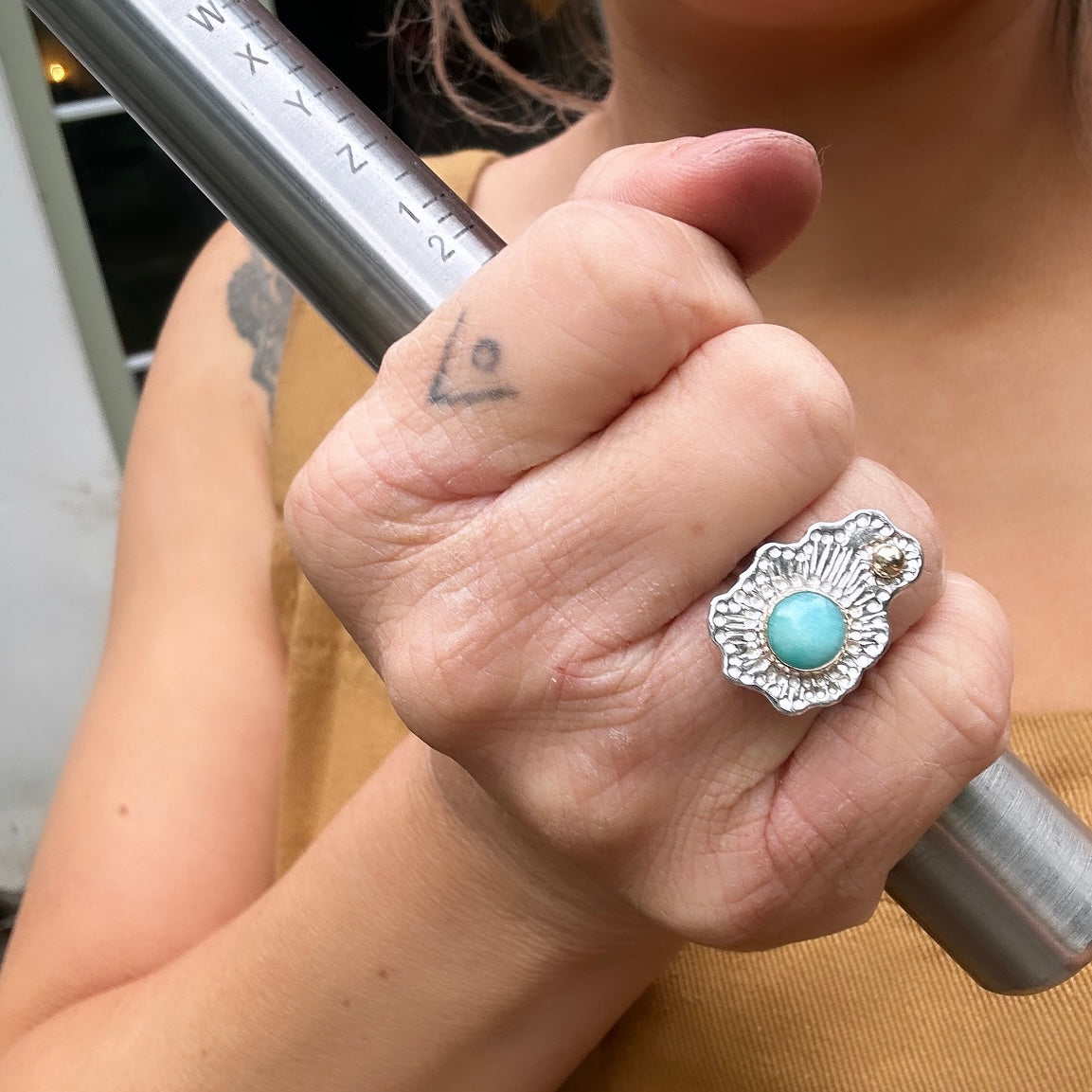 Untamed Peruvian Amazonite, Sterling Silver and 9kt Gold Intuitive Design Ring, Size M