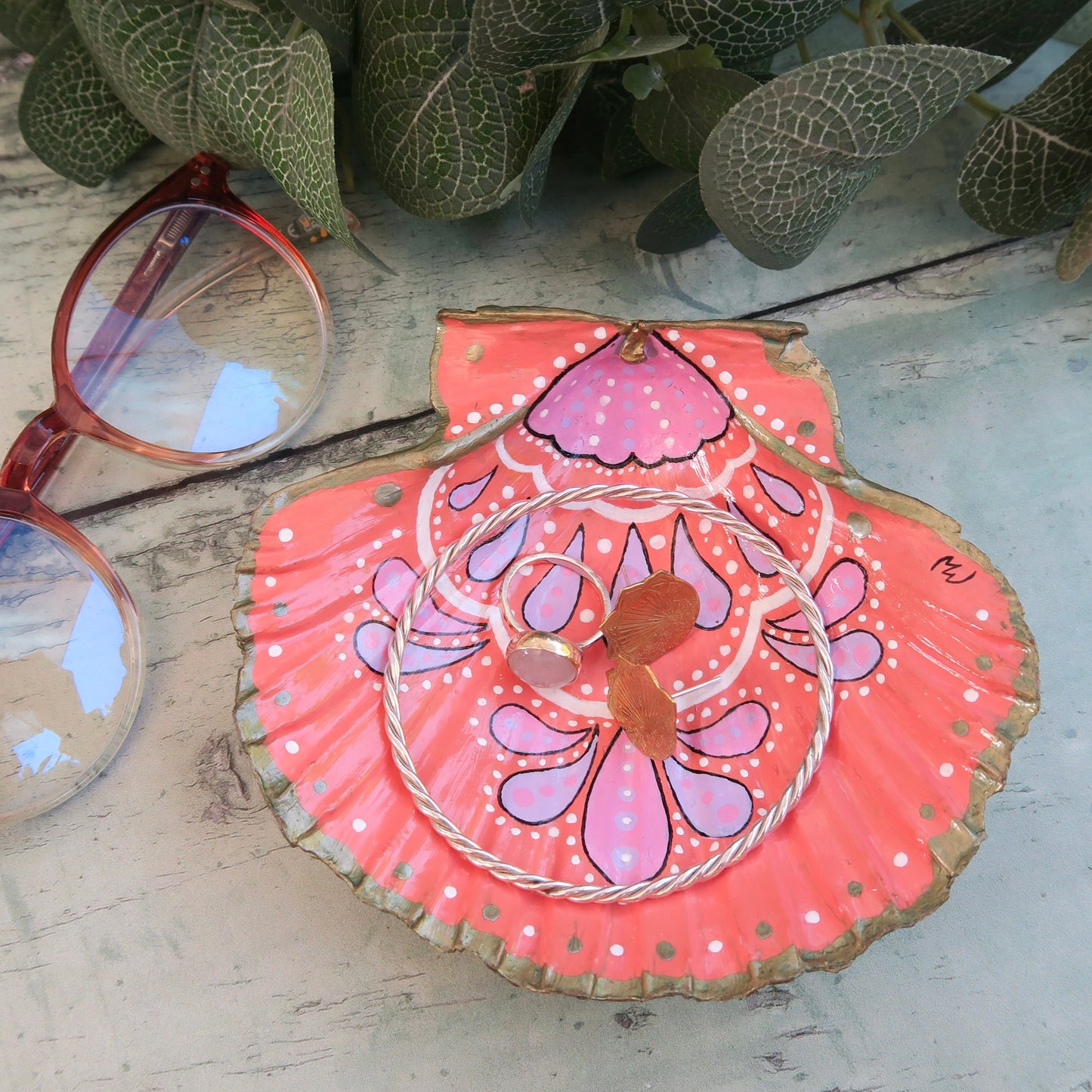 Large Hand Painted Pink Bohemian Shell Jewellery Trinket Dish