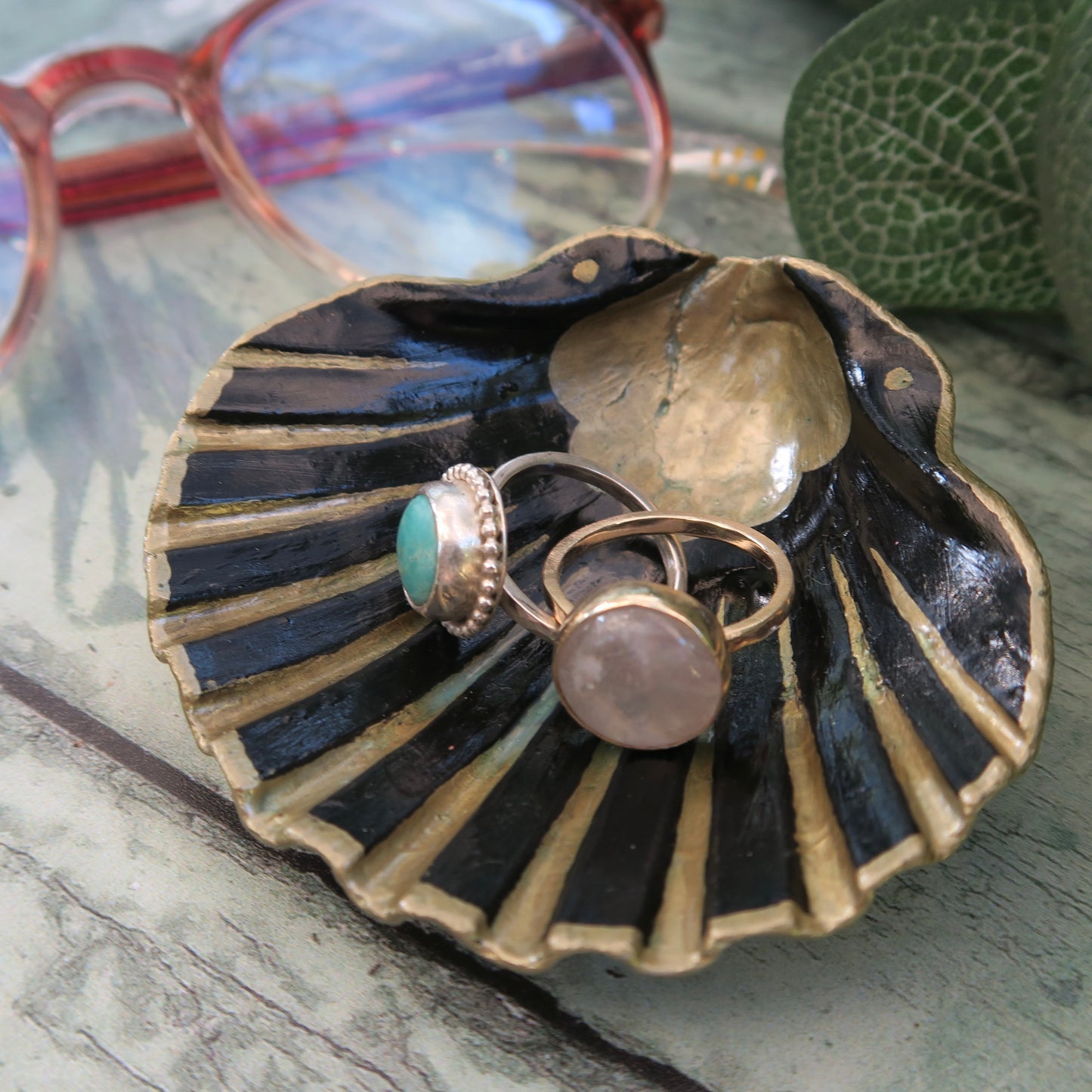 Small Hand Painted Gold and Black Nouveau Shell Ring Trinket Dish