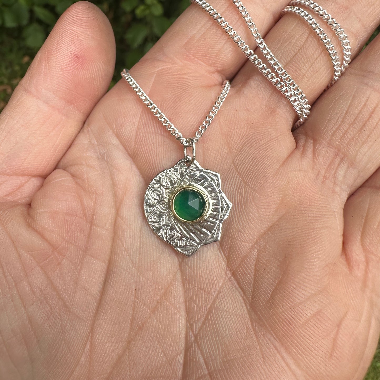 Celestial Fusion, Green Aventurine, Sterling Silver and Brass Pendant Necklace