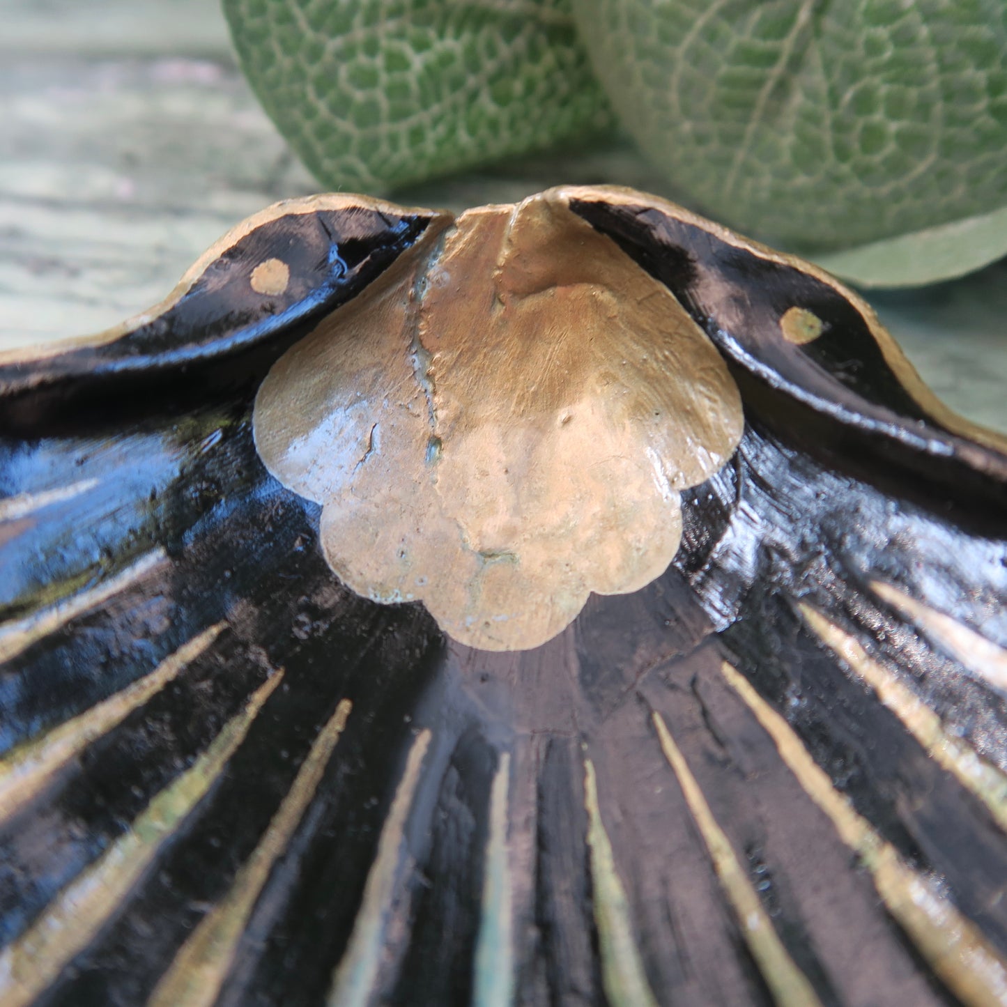 Small Hand Painted Gold and Black Nouveau Shell Ring Trinket Dish