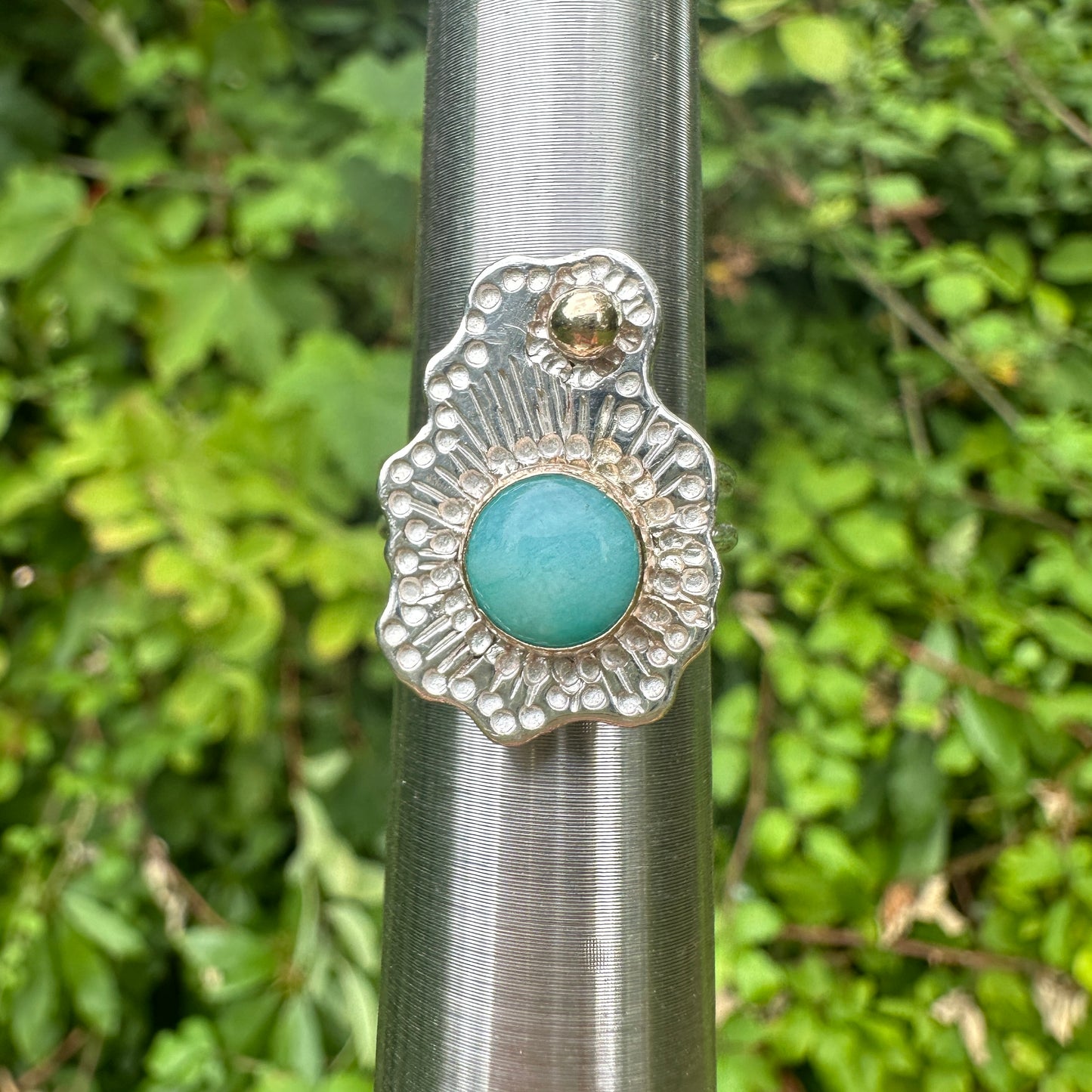 Untamed Peruvian Amazonite, Sterling Silver and 9kt Gold Intuitive Design Ring, Size M