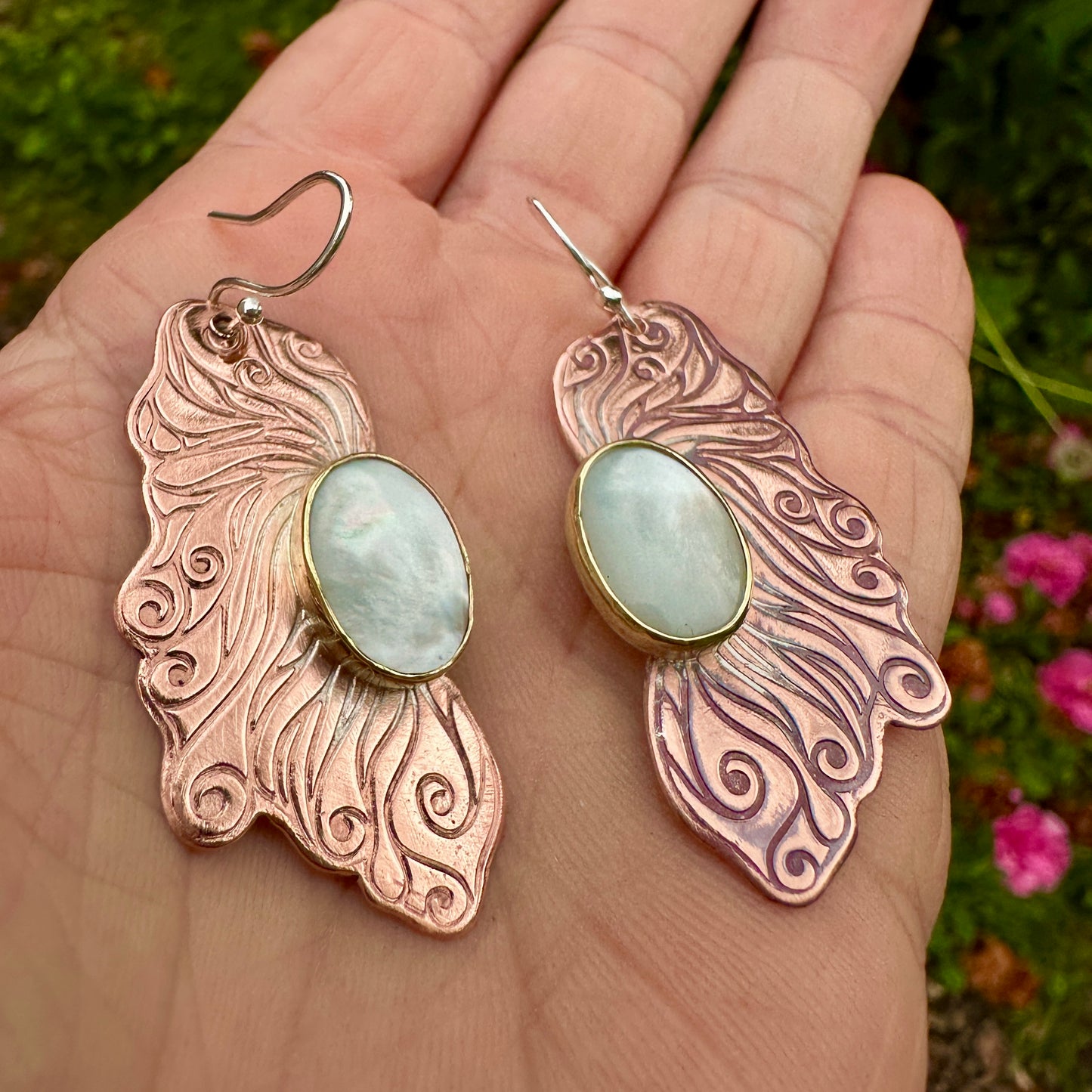 Fallen Fae Wings, Mother of Pearl, Copper Brass Earrings