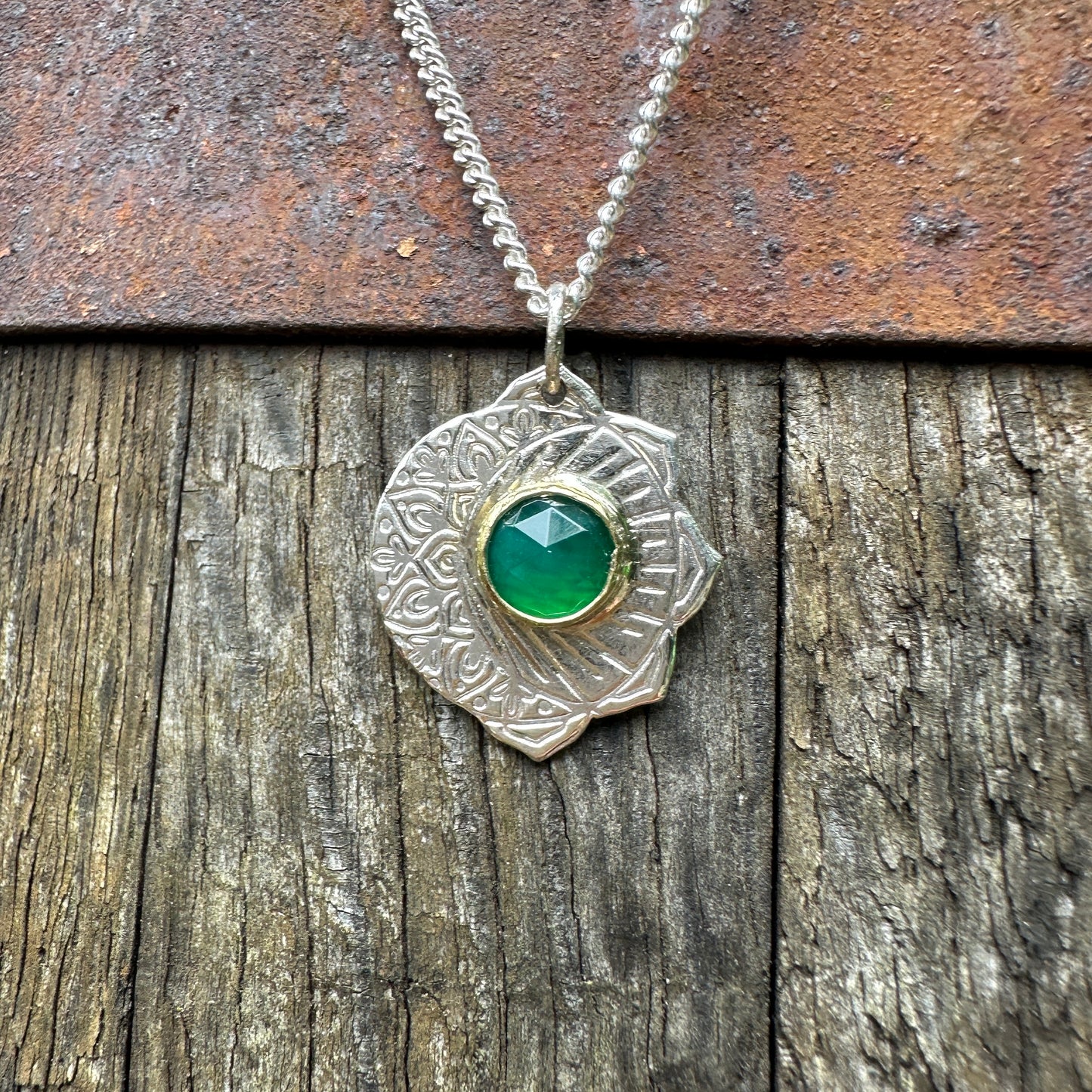 Celestial Fusion, Green Aventurine, Sterling Silver and Brass Pendant Necklace