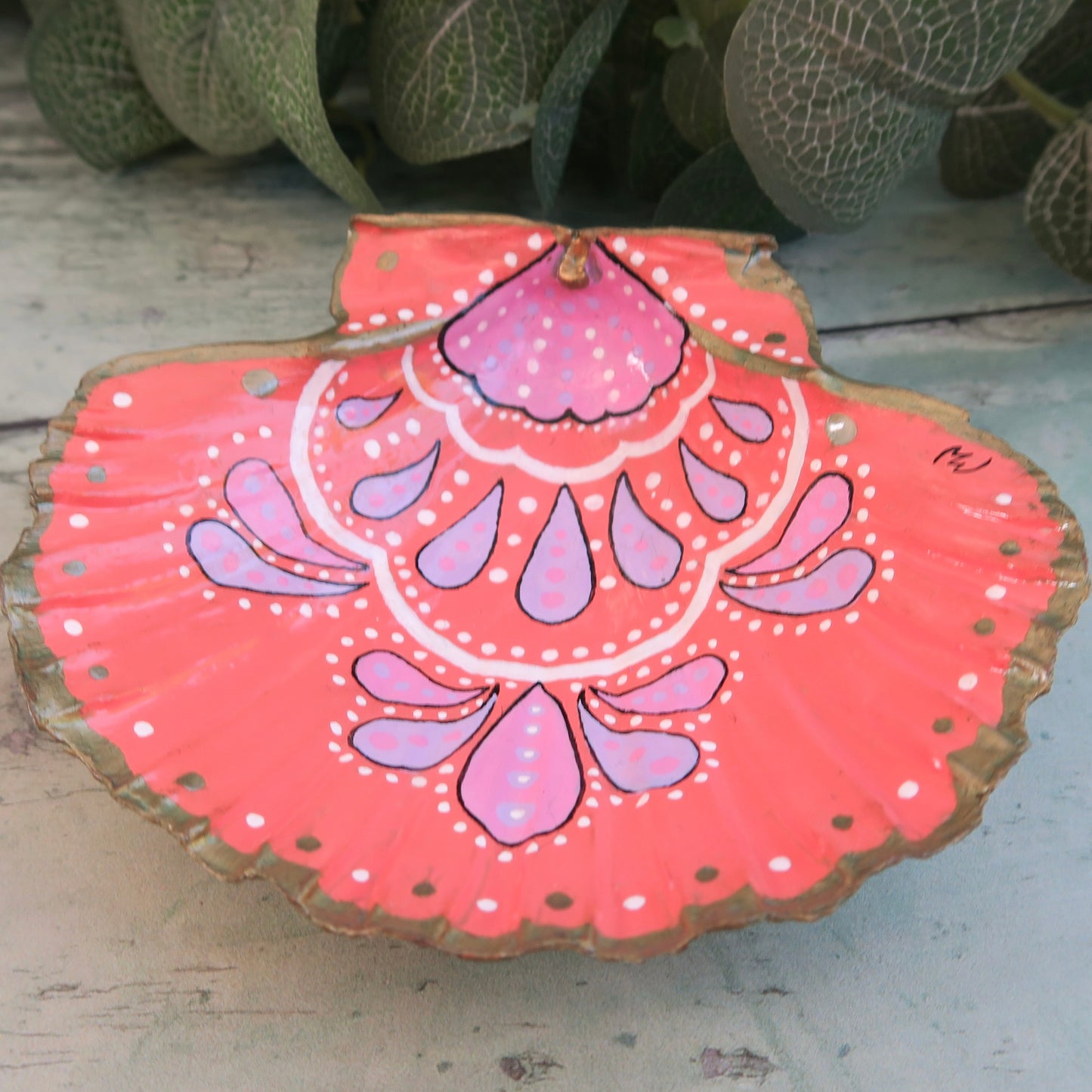 Large Hand Painted Pink Bohemian Shell Jewellery Trinket Dish