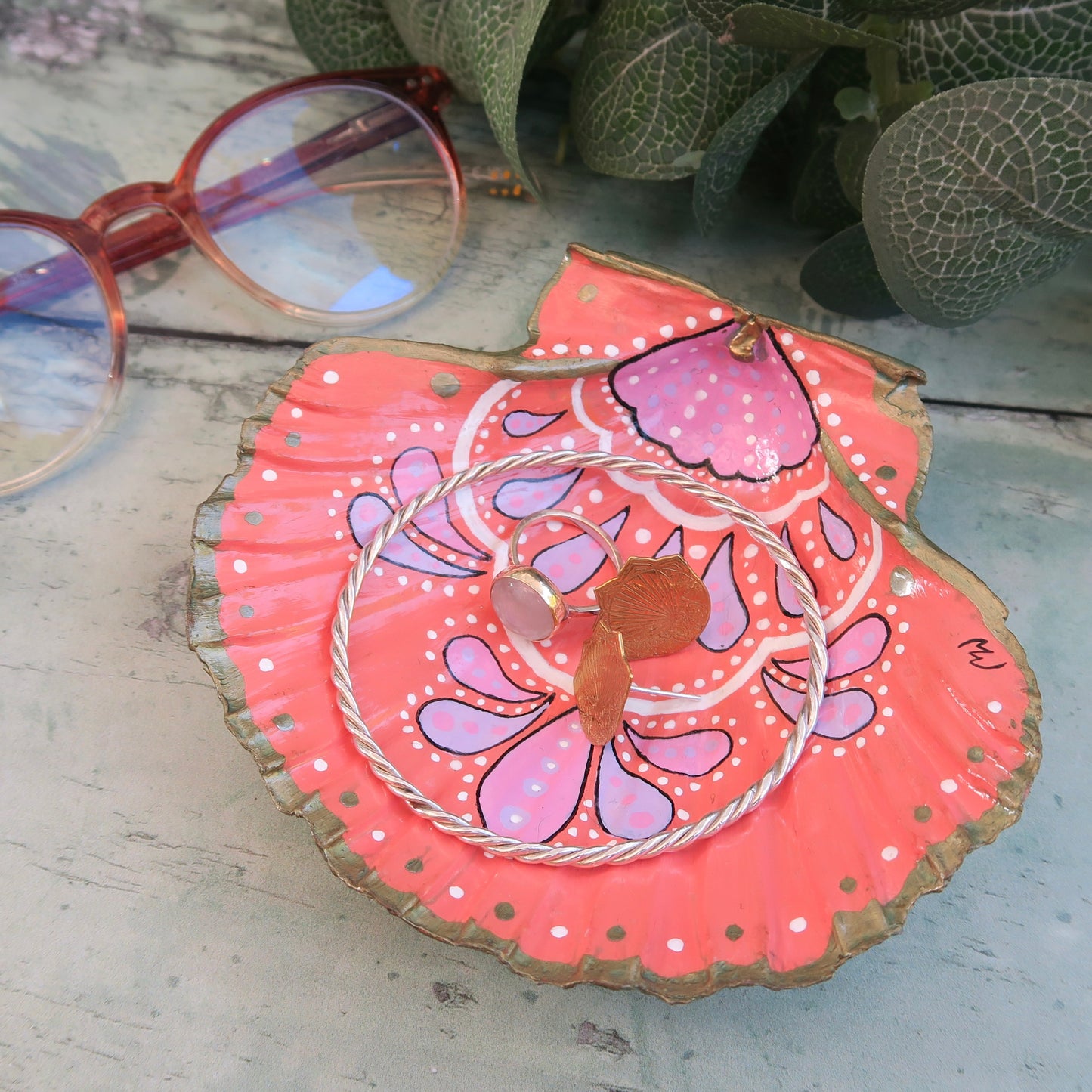 Large Hand Painted Pink Bohemian Shell Jewellery Trinket Dish