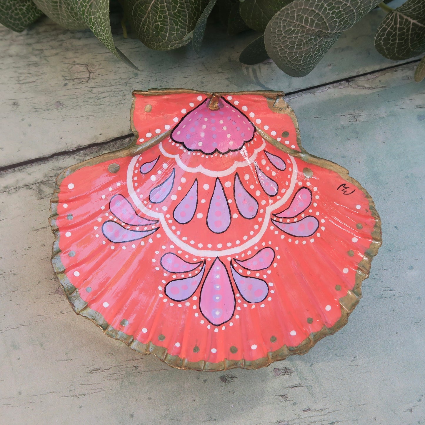 Large Hand Painted Pink Bohemian Shell Jewellery Trinket Dish