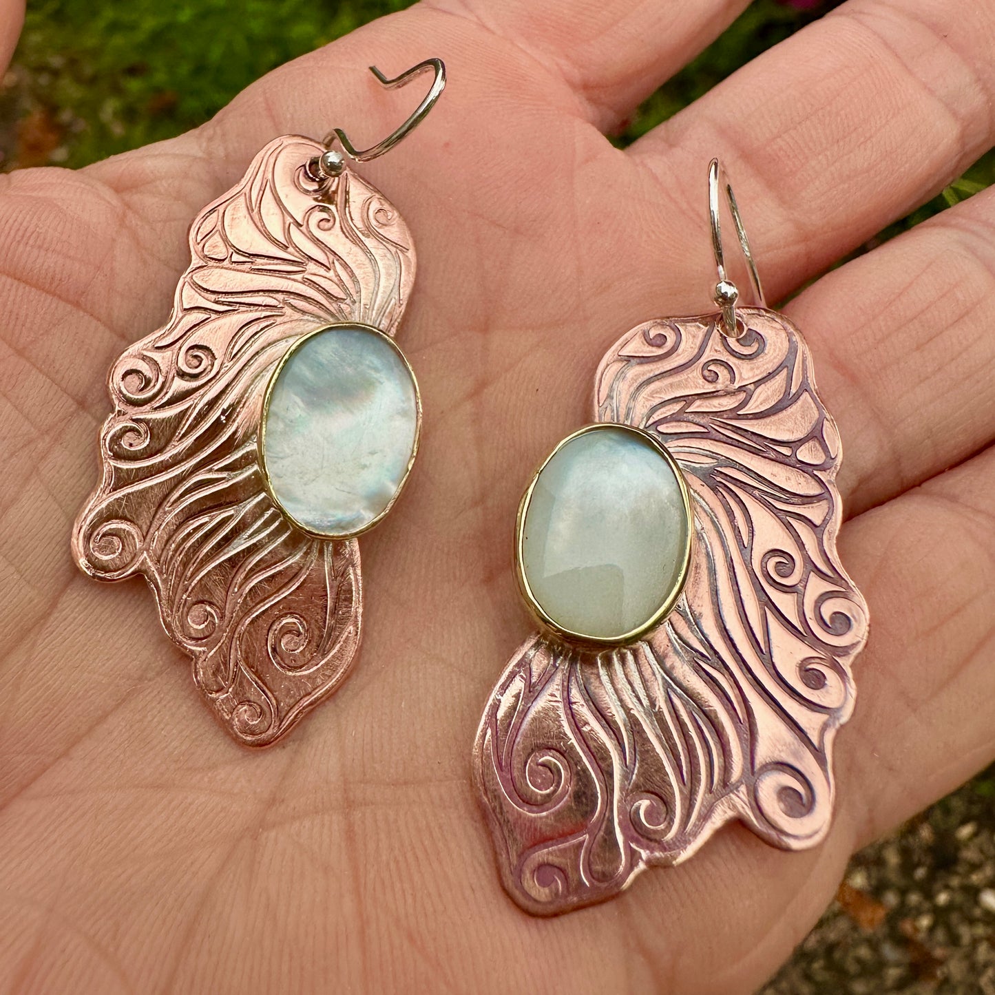 Fallen Fae Wings, Mother of Pearl, Copper Brass Earrings