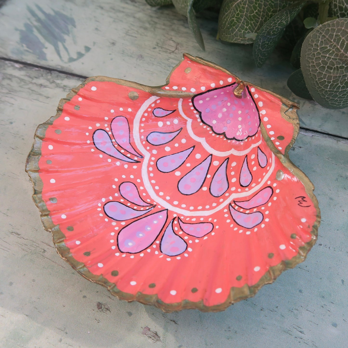 Large Hand Painted Pink Bohemian Shell Jewellery Trinket Dish