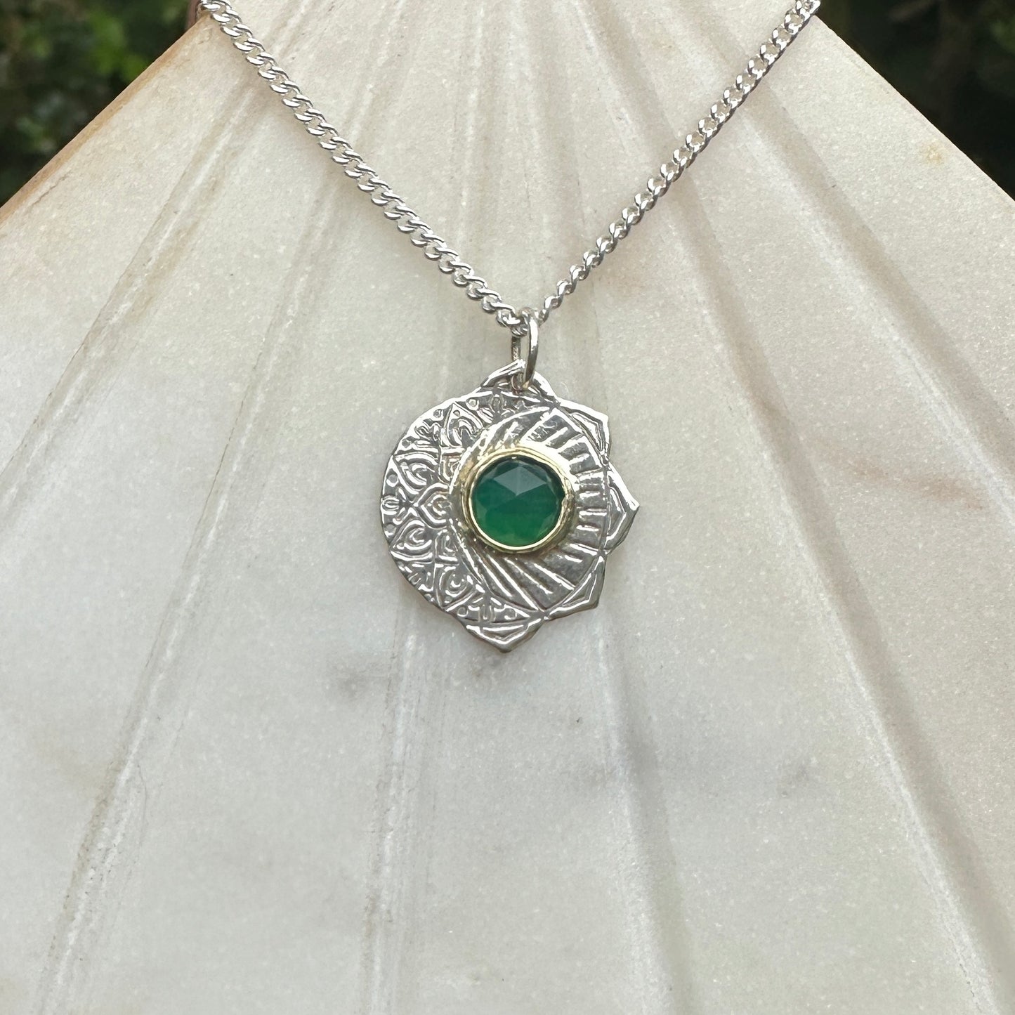 Celestial Fusion, Green Aventurine, Sterling Silver and Brass Pendant Necklace