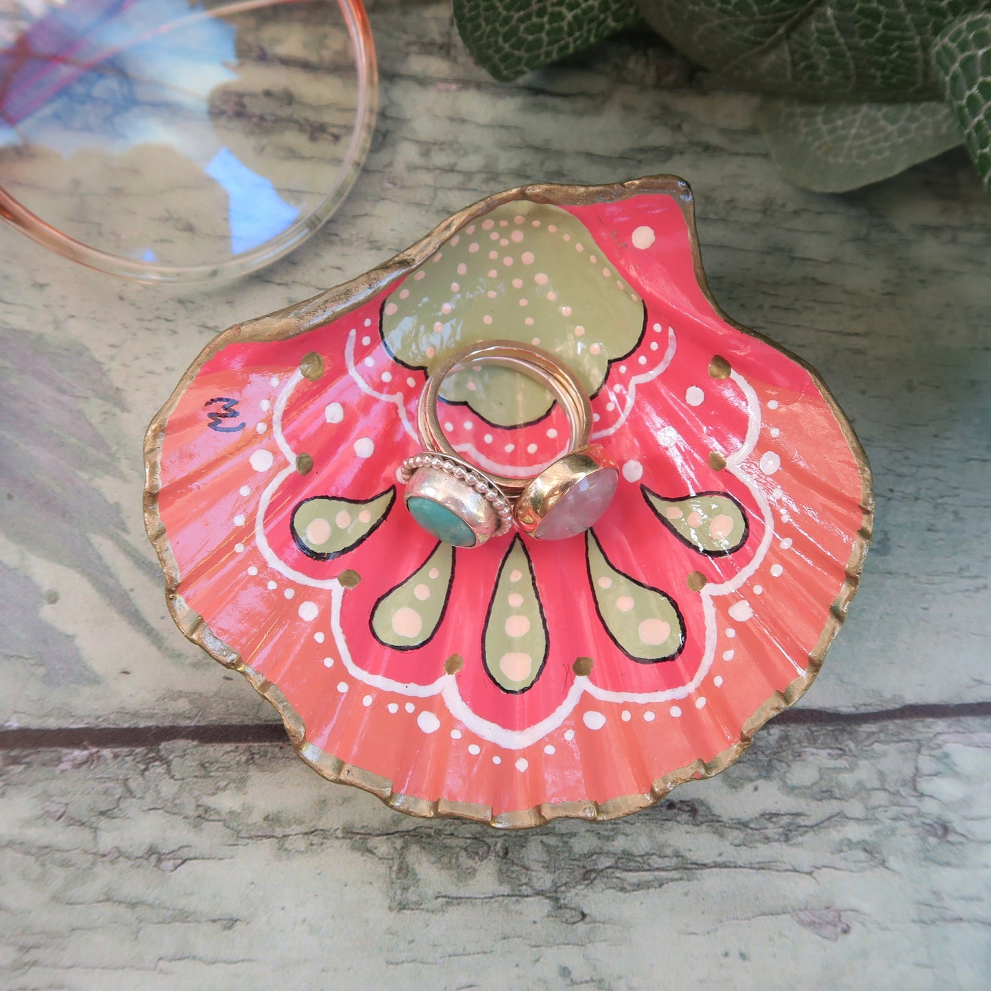 Small Hand Painted Boho Beach Shell Ring Trinket Dish