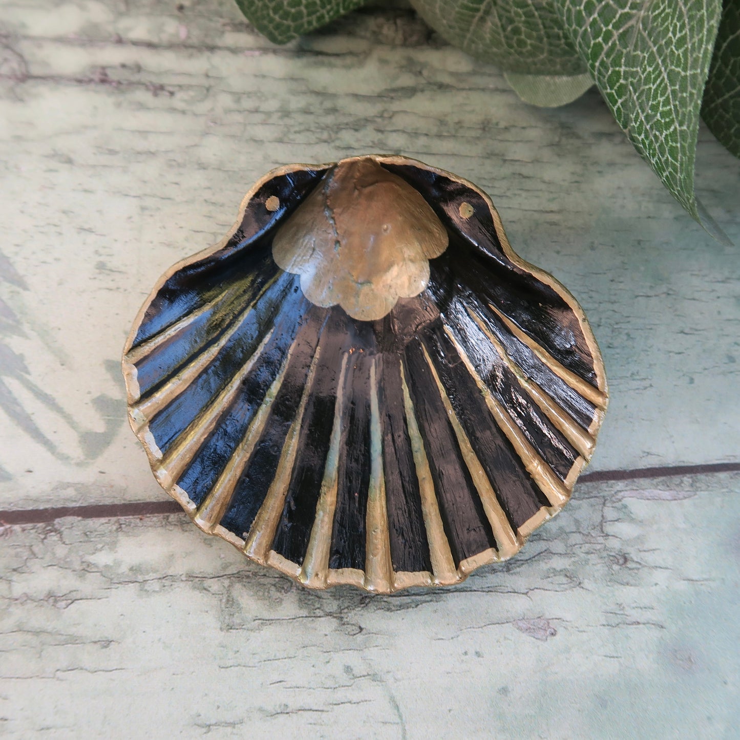 Small Hand Painted Gold and Black Nouveau Shell Ring Trinket Dish