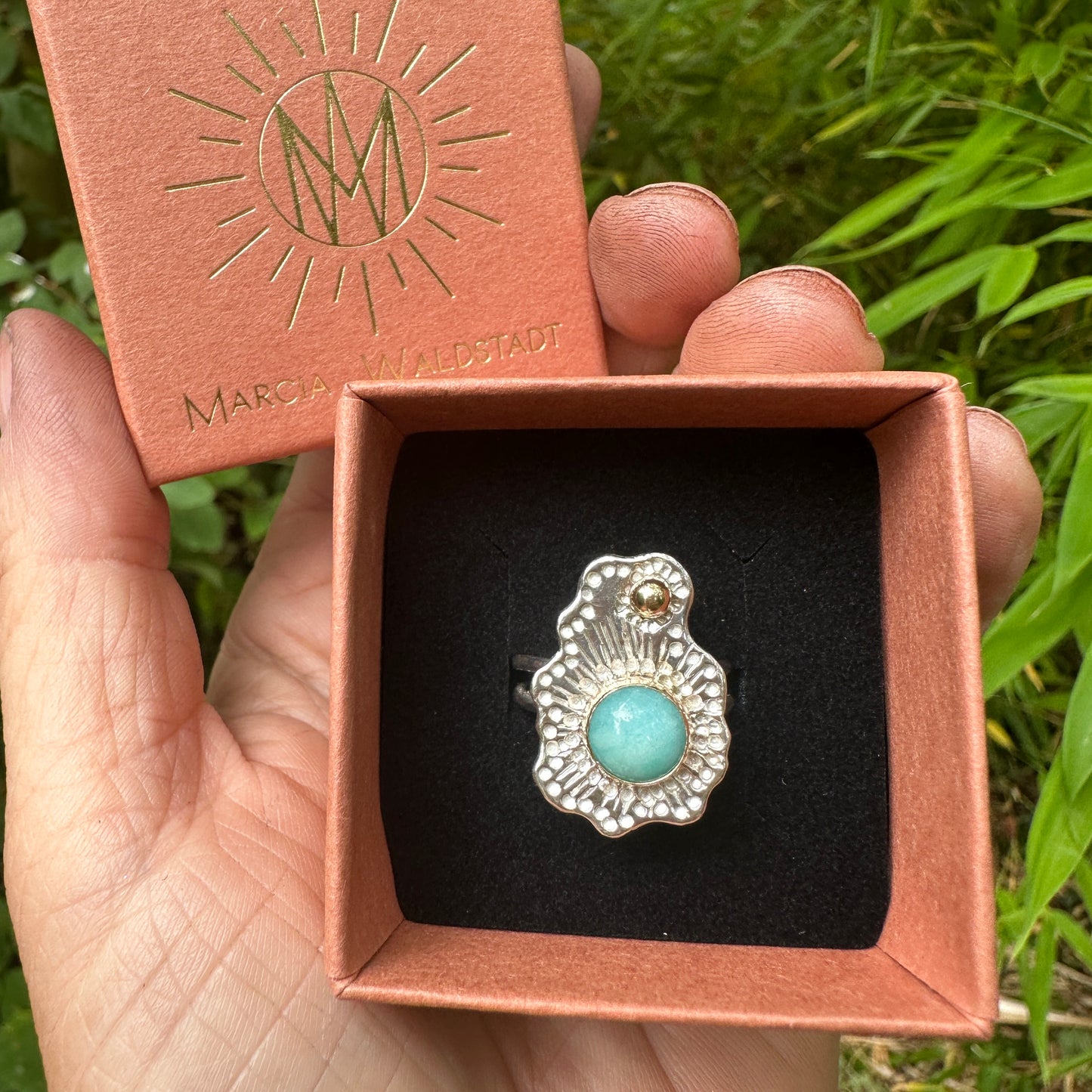 Untamed Peruvian Amazonite, Sterling Silver and 9kt Gold Intuitive Design Ring, Size M