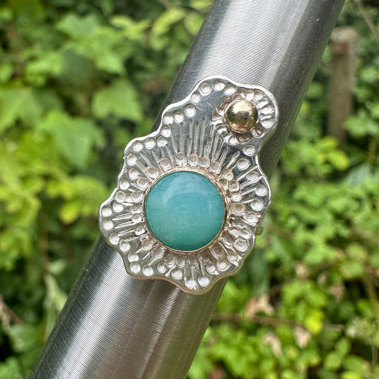 Untamed Peruvian Amazonite, Sterling Silver and 9kt Gold Intuitive Design Ring, Size M