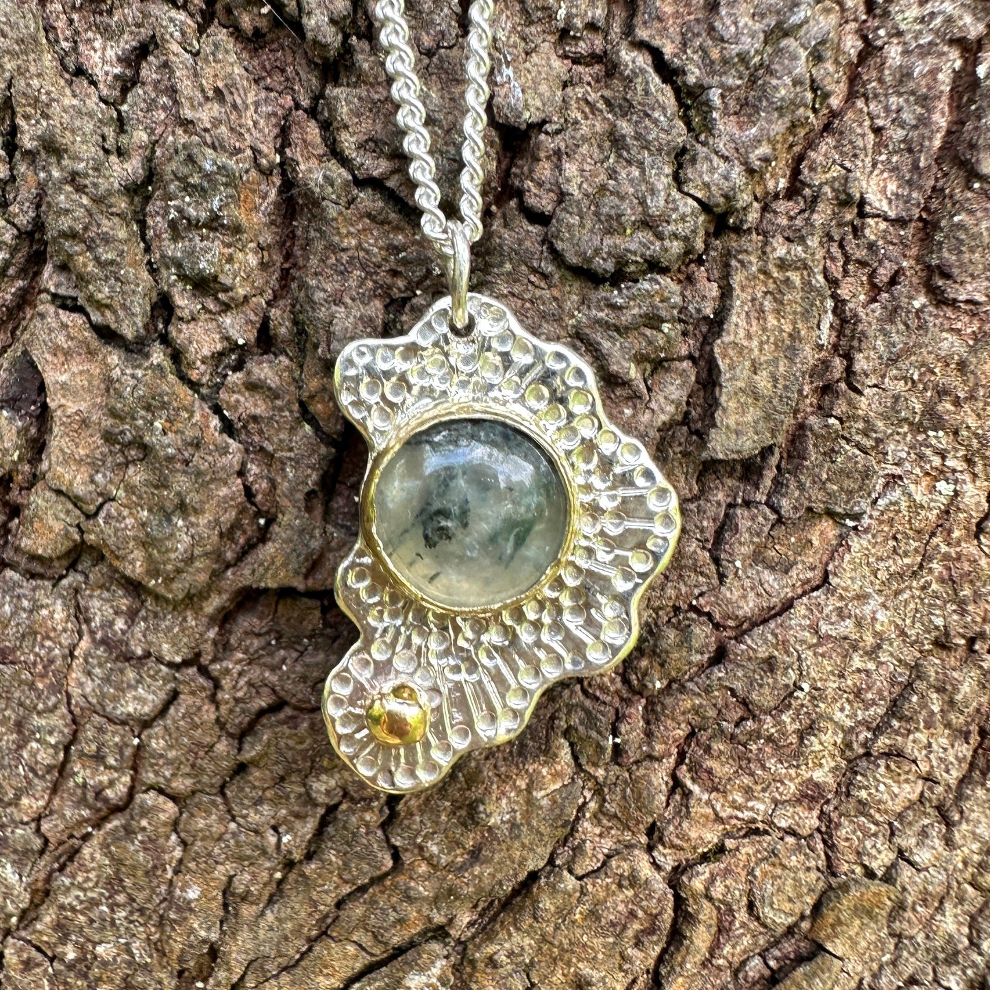 Untamed Prehnite, Sterling Silver, 9kt Gold and Brass Intuitive Pendant Necklace