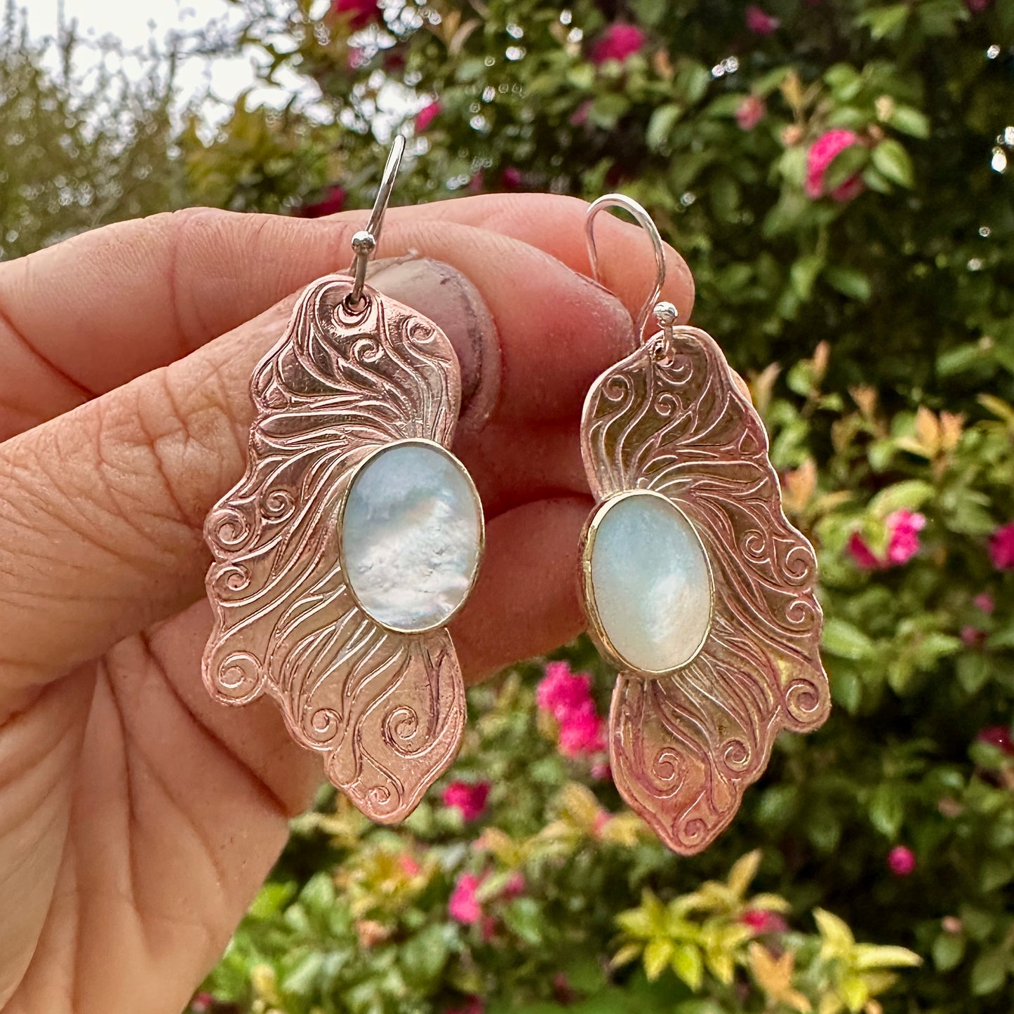 Fallen Fae Wings, Mother of Pearl, Copper Brass Earrings