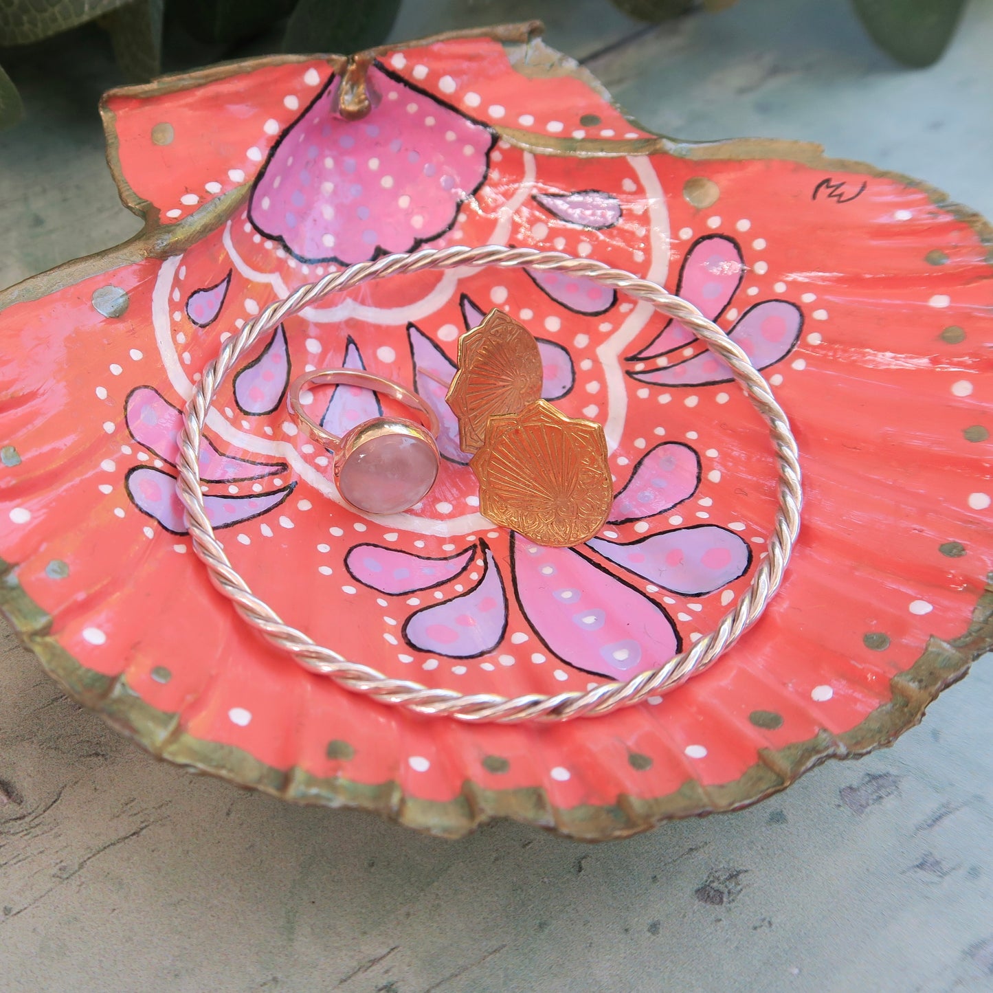 Large Hand Painted Pink Bohemian Shell Jewellery Trinket Dish