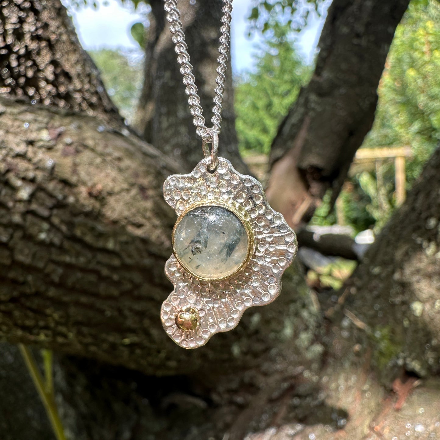 Untamed Prehnite, Sterling Silver, 9kt Gold and Brass Intuitive Pendant Necklace