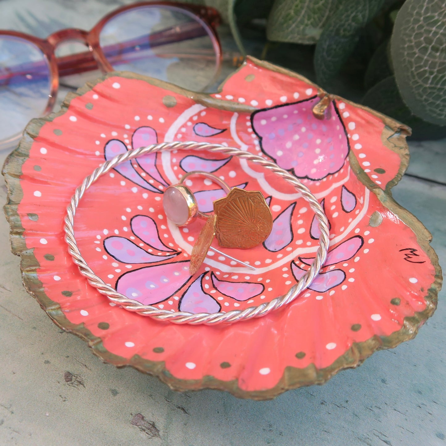 Large Hand Painted Pink Bohemian Shell Jewellery Trinket Dish