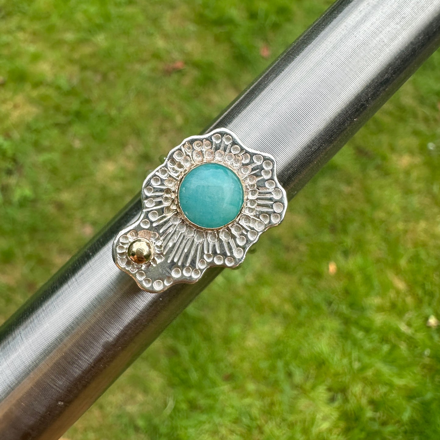 Untamed Peruvian Amazonite, Sterling Silver and 9kt Gold Intuitive Design Ring, Size M