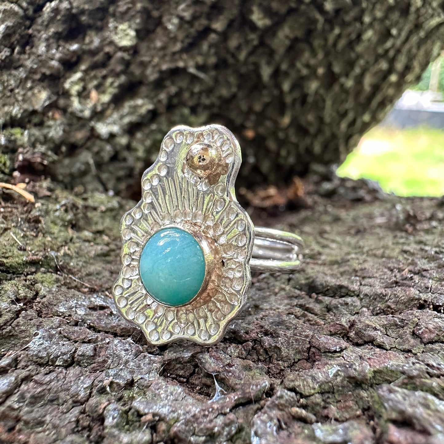 Untamed Peruvian Amazonite, Sterling Silver and 9kt Gold Intuitive Design Ring, Size M