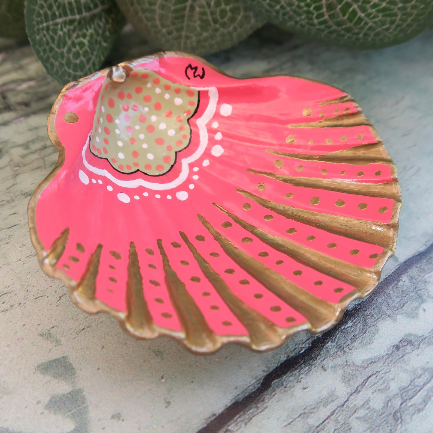 Small Hand Painted Pink Nouveau Shell Ring Trinket Dish