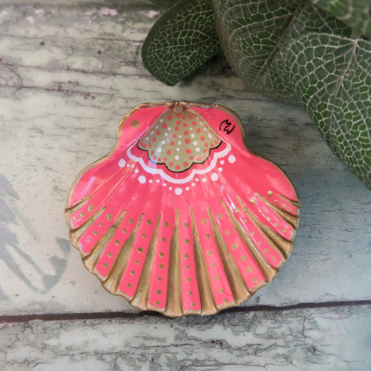 Small Hand Painted Pink Nouveau Shell Ring Trinket Dish